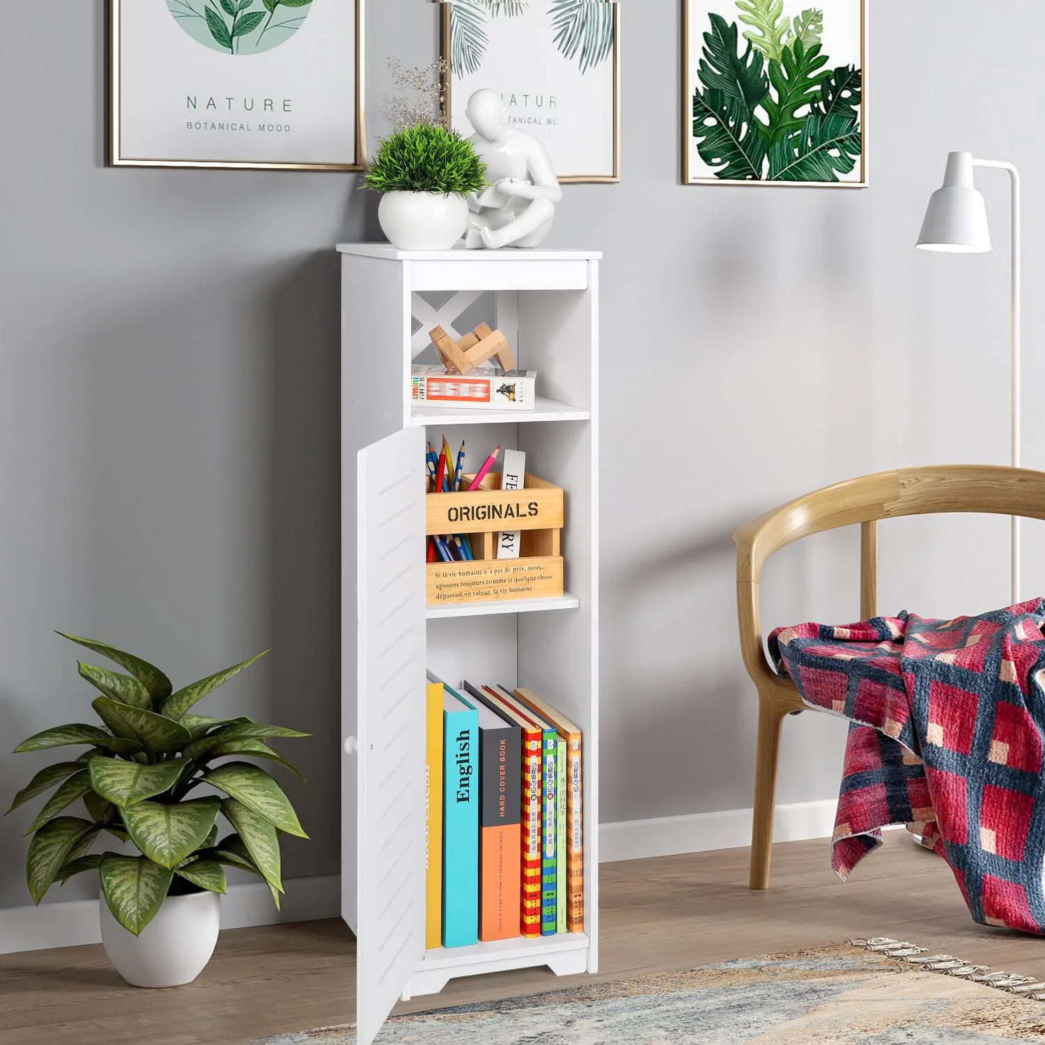 BHFOW Badezimmer-Bodenschrank mit 1 Etage und Einzeltür, freistehender Aufbewahrungs-Organizer, Flur, Eingangsschrank, schmales Badezimmerregal für Wohnzimmer, Küche, Weiß - Image 2
