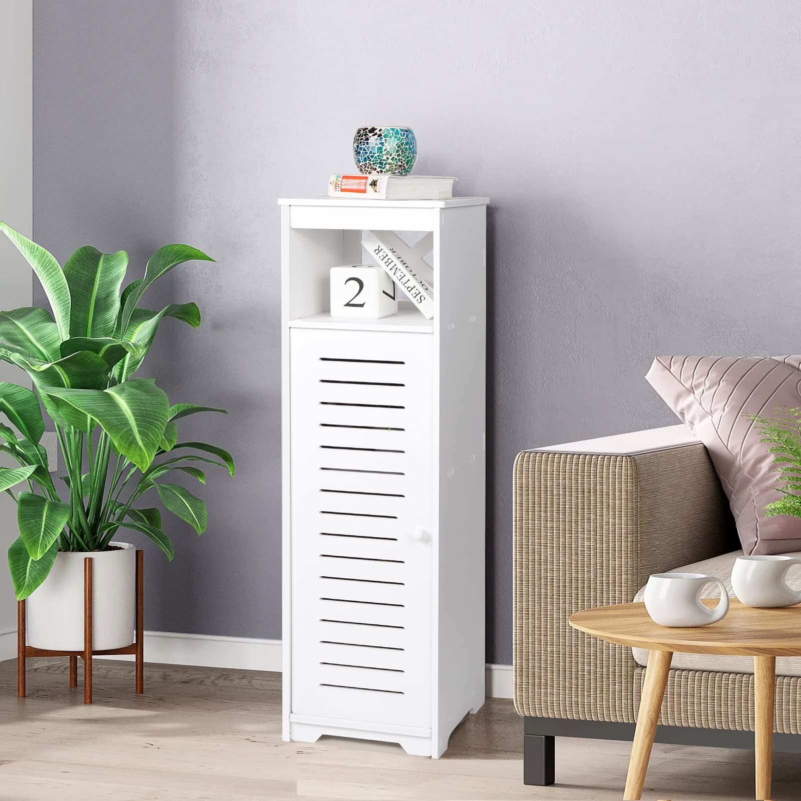 BHFOW Badezimmer-Bodenschrank mit 1 Etage und Einzeltür, freistehender Aufbewahrungs-Organizer, Flur, Eingangsschrank, schmales Badezimmerregal für Wohnzimmer, Küche, Weiß - Image 4
