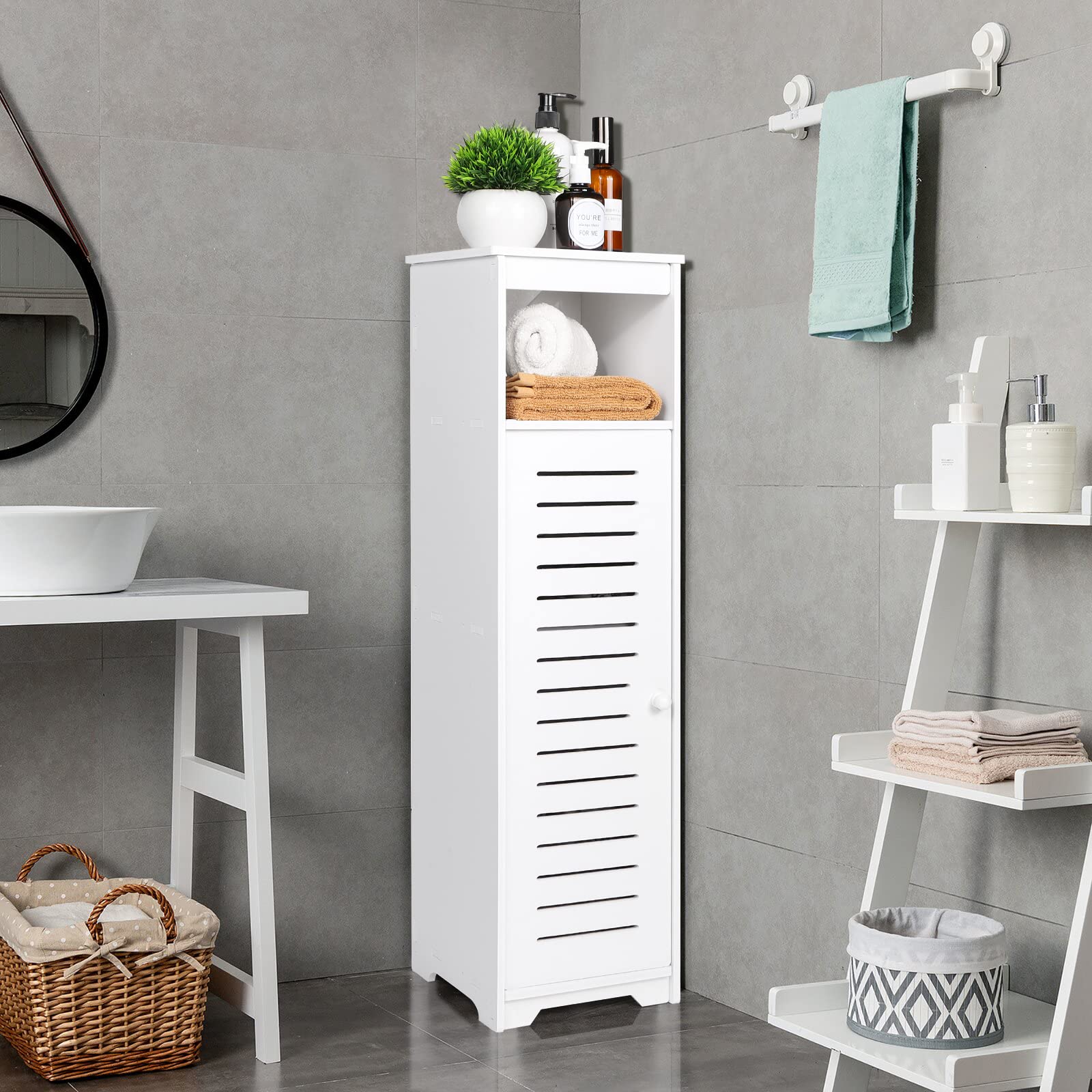 BHFOW Badezimmer-Bodenschrank mit 1 Etage und Einzeltür, freistehender Aufbewahrungs-Organizer, Flur, Eingangsschrank, schmales Badezimmerregal für Wohnzimmer, Küche, Weiß - Image 5