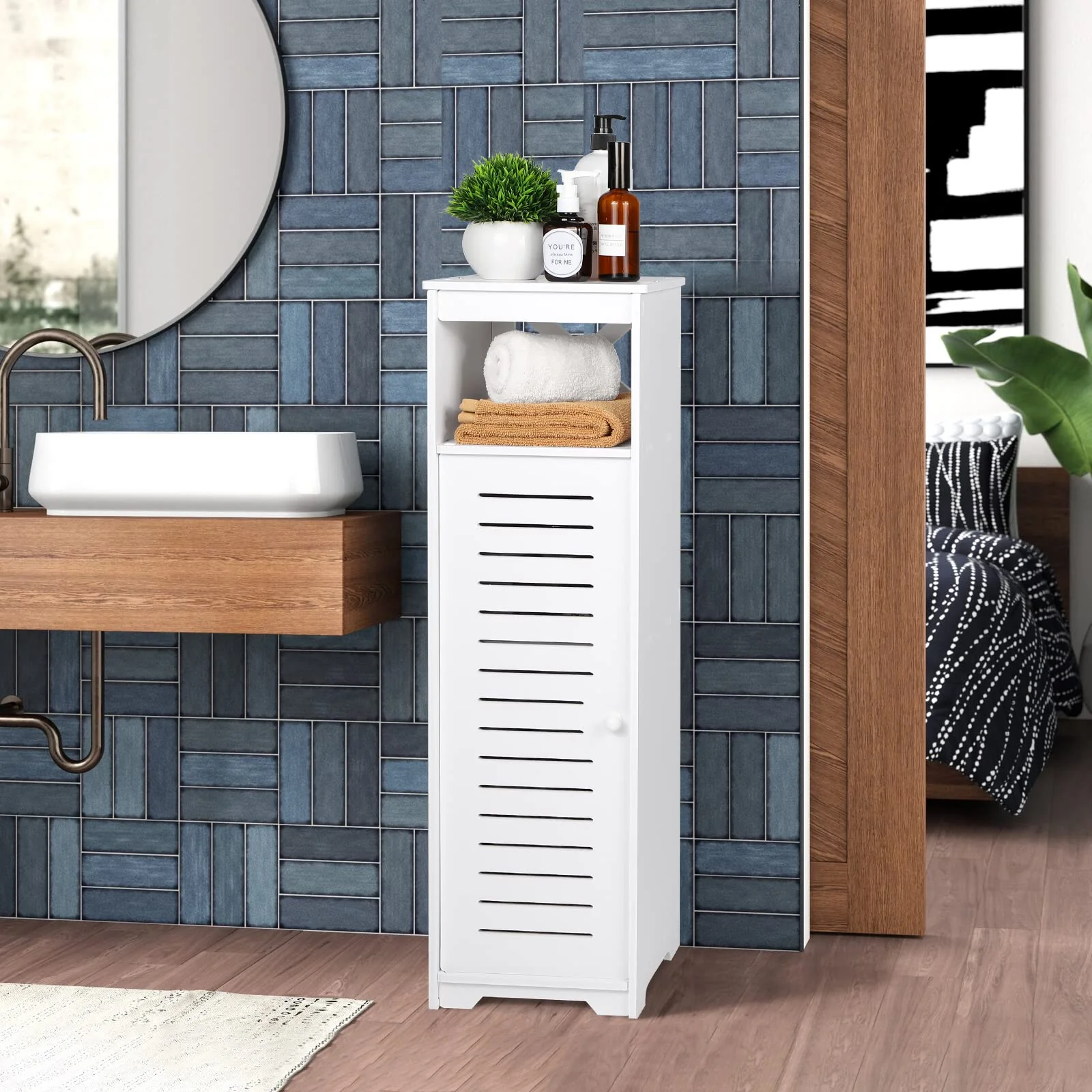 BHFOW Badezimmer-Bodenschrank mit 1 Etage und Einzeltür, freistehender Aufbewahrungs-Organizer, Flur, Eingangsschrank, schmales Badezimmerregal für Wohnzimmer, Küche, Weiß - Image 6