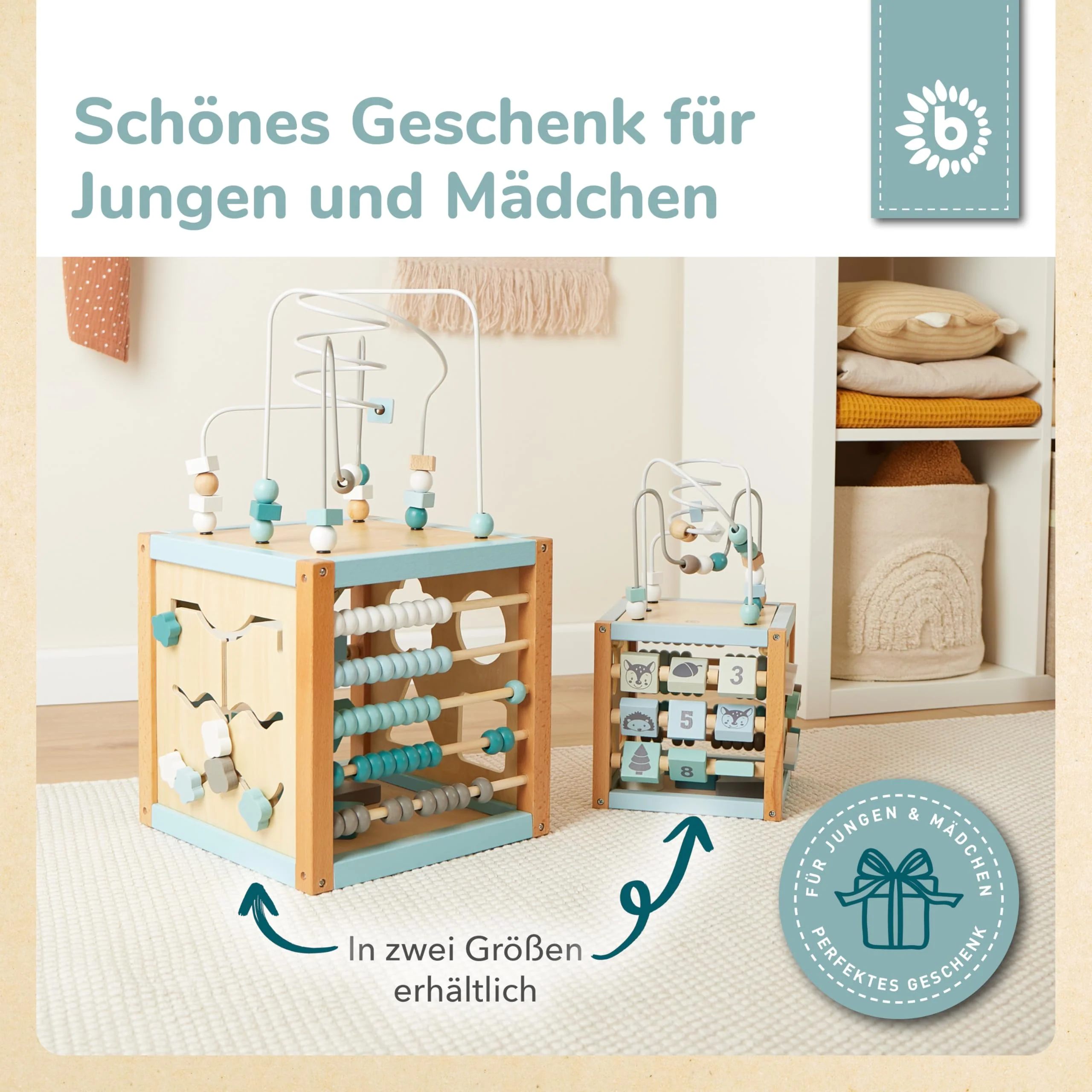 Bieco Motorikwürfel Scandi-Chic nachhaltiges Holz FSC® | Motorikspielzeug ab 1 Jahr | Activity Center Baby Spielzeug 1 Jahr | Motorikwürfel Holz | holzspielzeug ab 1 Jahr motorikschleife ab - Image 3