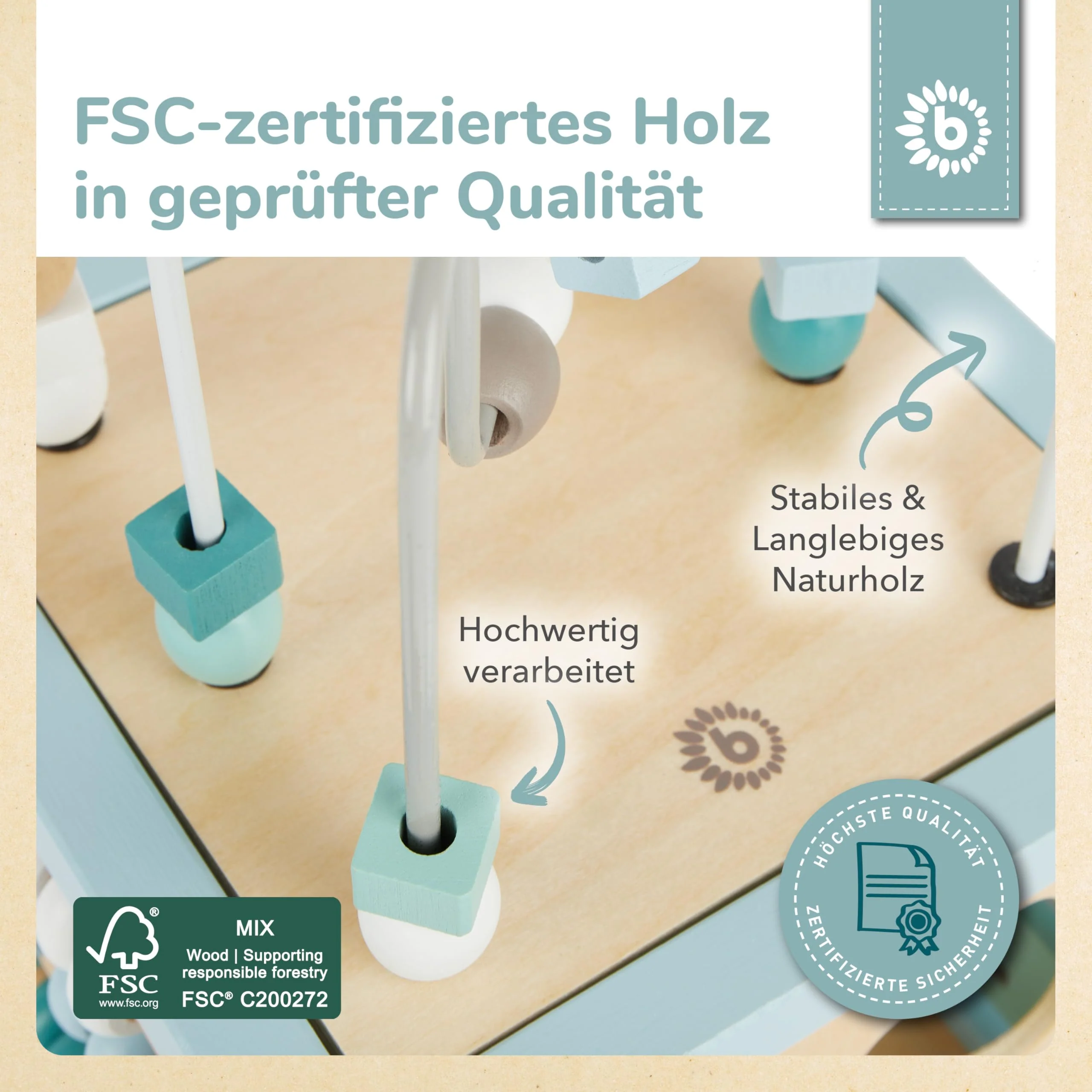Bieco Motorikwürfel Scandi-Chic nachhaltiges Holz FSC® | Motorikspielzeug ab 1 Jahr | Activity Center Baby Spielzeug 1 Jahr | Motorikwürfel Holz | holzspielzeug ab 1 Jahr motorikschleife ab - Image 4