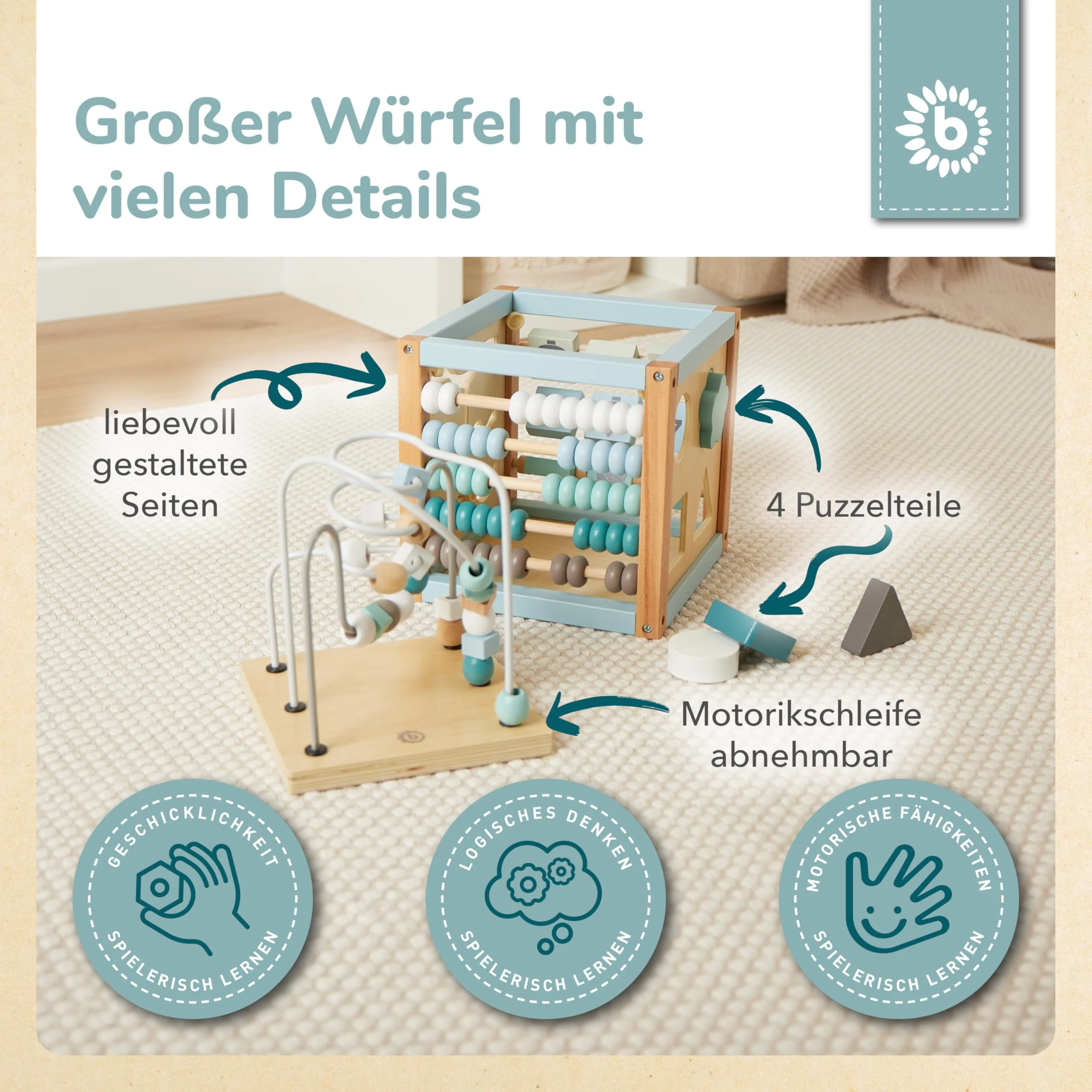 Bieco Motorikwürfel Scandi-Chic nachhaltiges Holz FSC® | Motorikspielzeug ab 1 Jahr | Activity Center Baby Spielzeug 1 Jahr | Motorikwürfel Holz | holzspielzeug ab 1 Jahr motorikschleife ab - Image 5