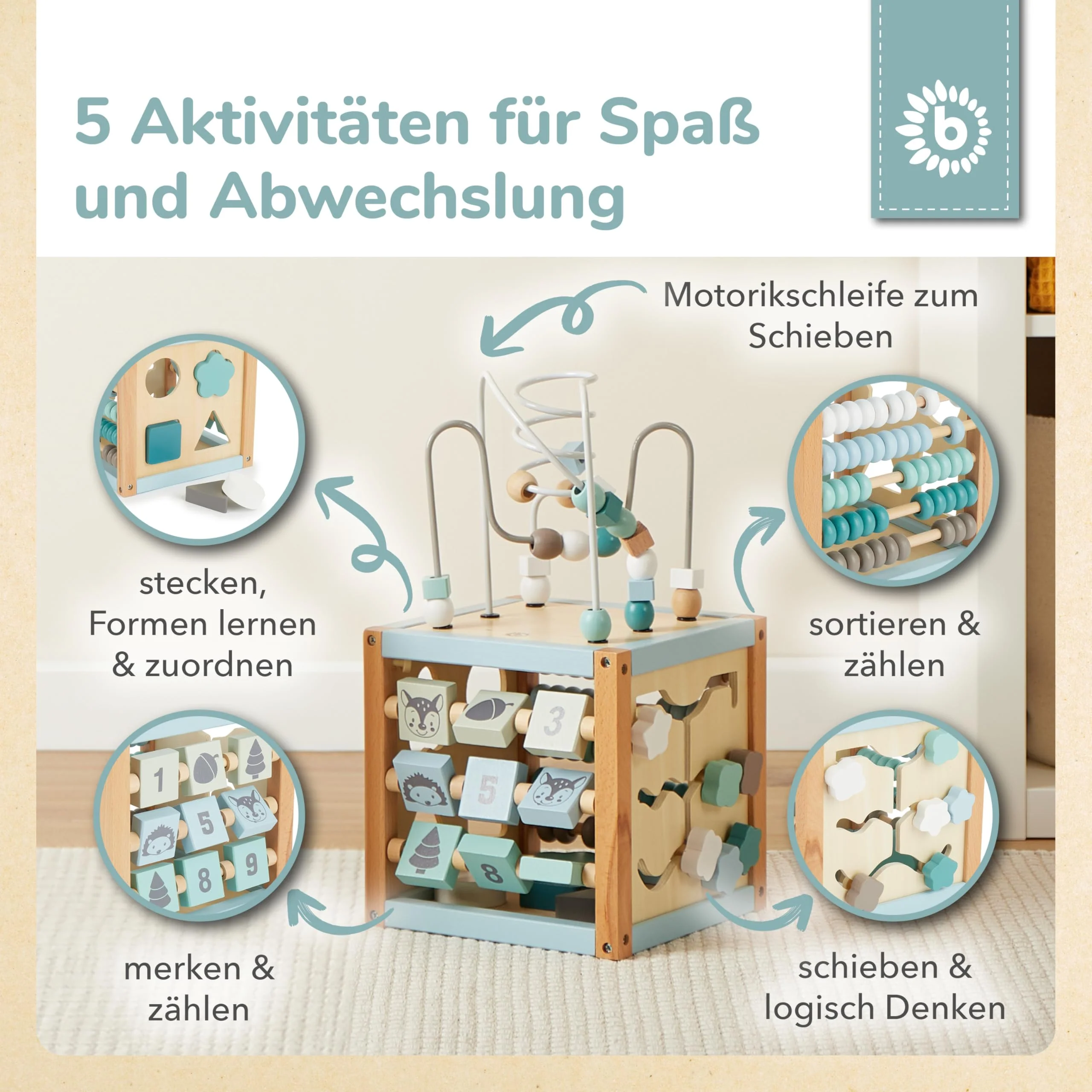 Bieco Motorikwürfel Scandi-Chic nachhaltiges Holz FSC® | Motorikspielzeug ab 1 Jahr | Activity Center Baby Spielzeug 1 Jahr | Motorikwürfel Holz | holzspielzeug ab 1 Jahr motorikschleife ab - Image 6