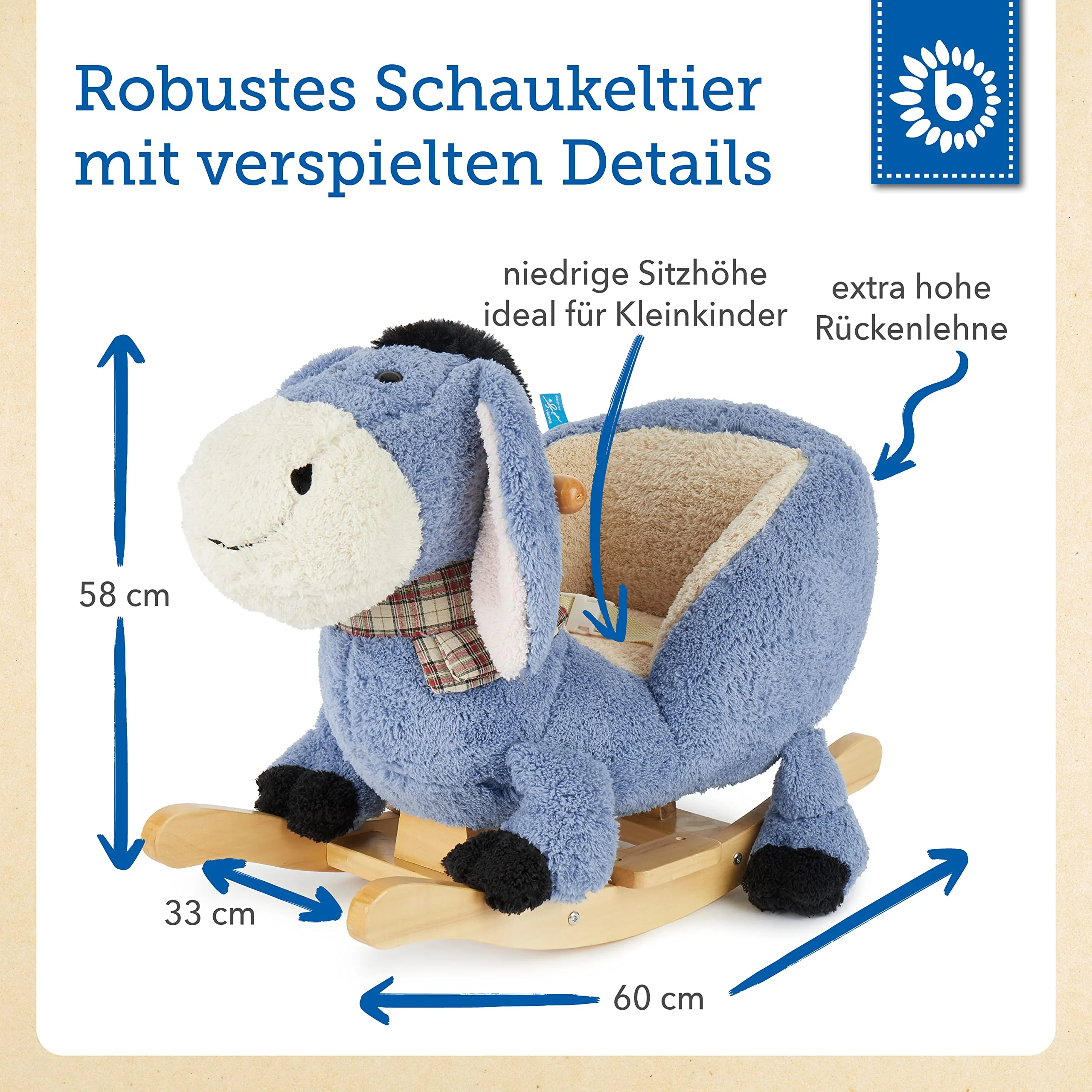 Bieco Plüsch Schaukeltier Esel | Kinder Schaukelstuhl mit Sicherheitsgurt | | Schaukel Kleinkind | Zimmer | Baby Schaukelwippe ab 9 Monate | Schaukelpferd Holz - Image 4