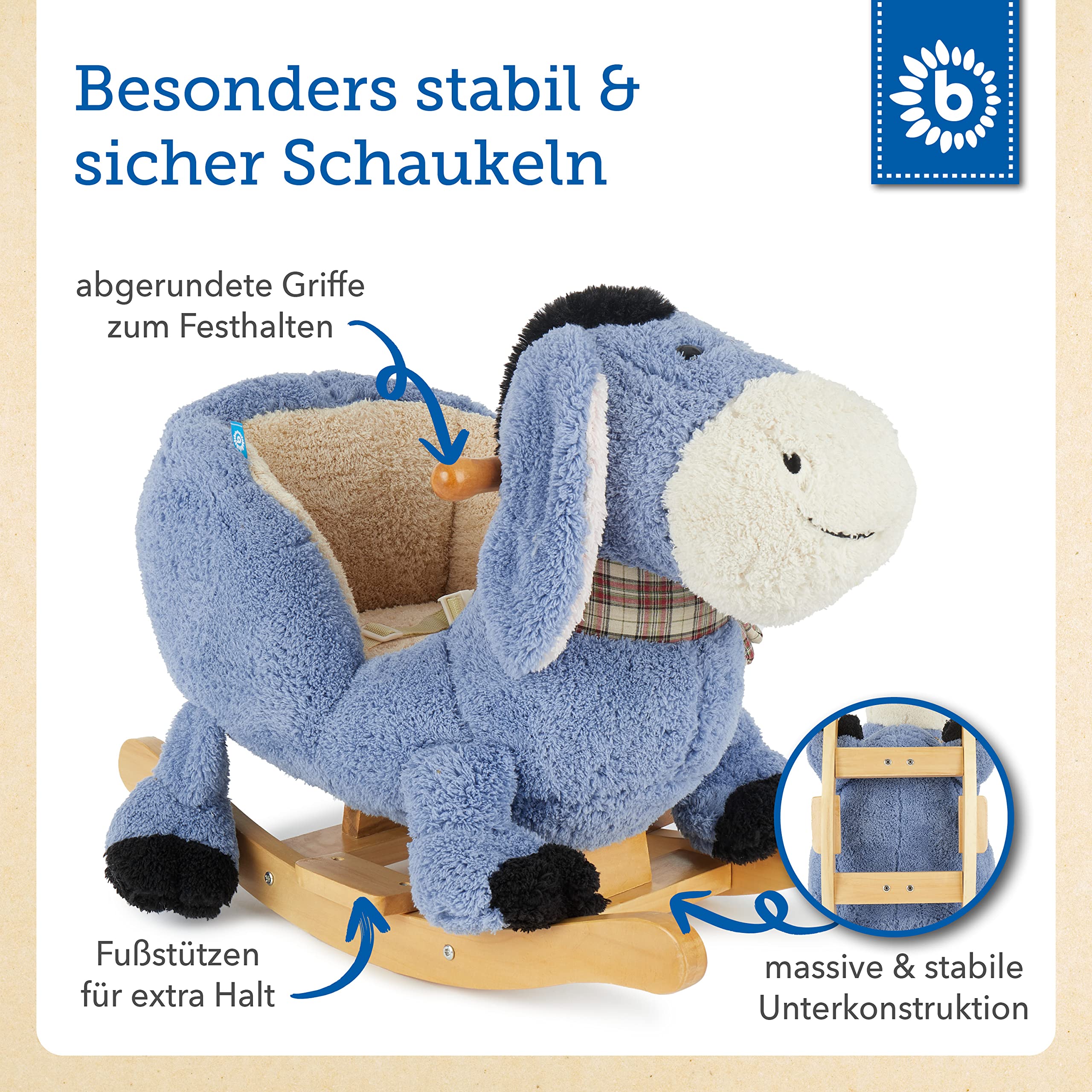 Bieco Plüsch Schaukeltier Esel | Kinder Schaukelstuhl mit Sicherheitsgurt | | Schaukel Kleinkind | Zimmer | Baby Schaukelwippe ab 9 Monate | Schaukelpferd Holz - Image 5