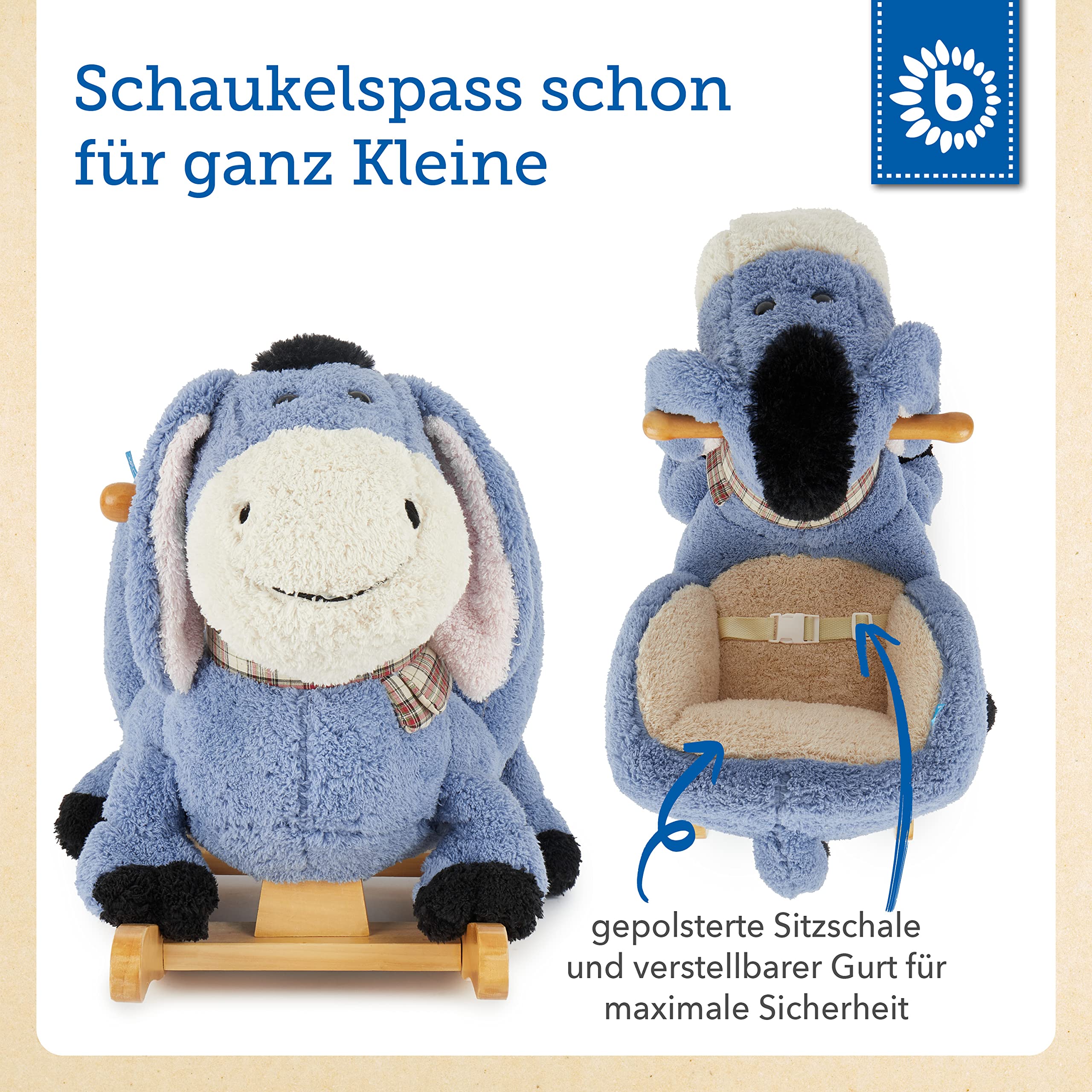 Bieco Plüsch Schaukeltier Esel | Kinder Schaukelstuhl mit Sicherheitsgurt | | Schaukel Kleinkind | Zimmer | Baby Schaukelwippe ab 9 Monate | Schaukelpferd Holz - Image 6