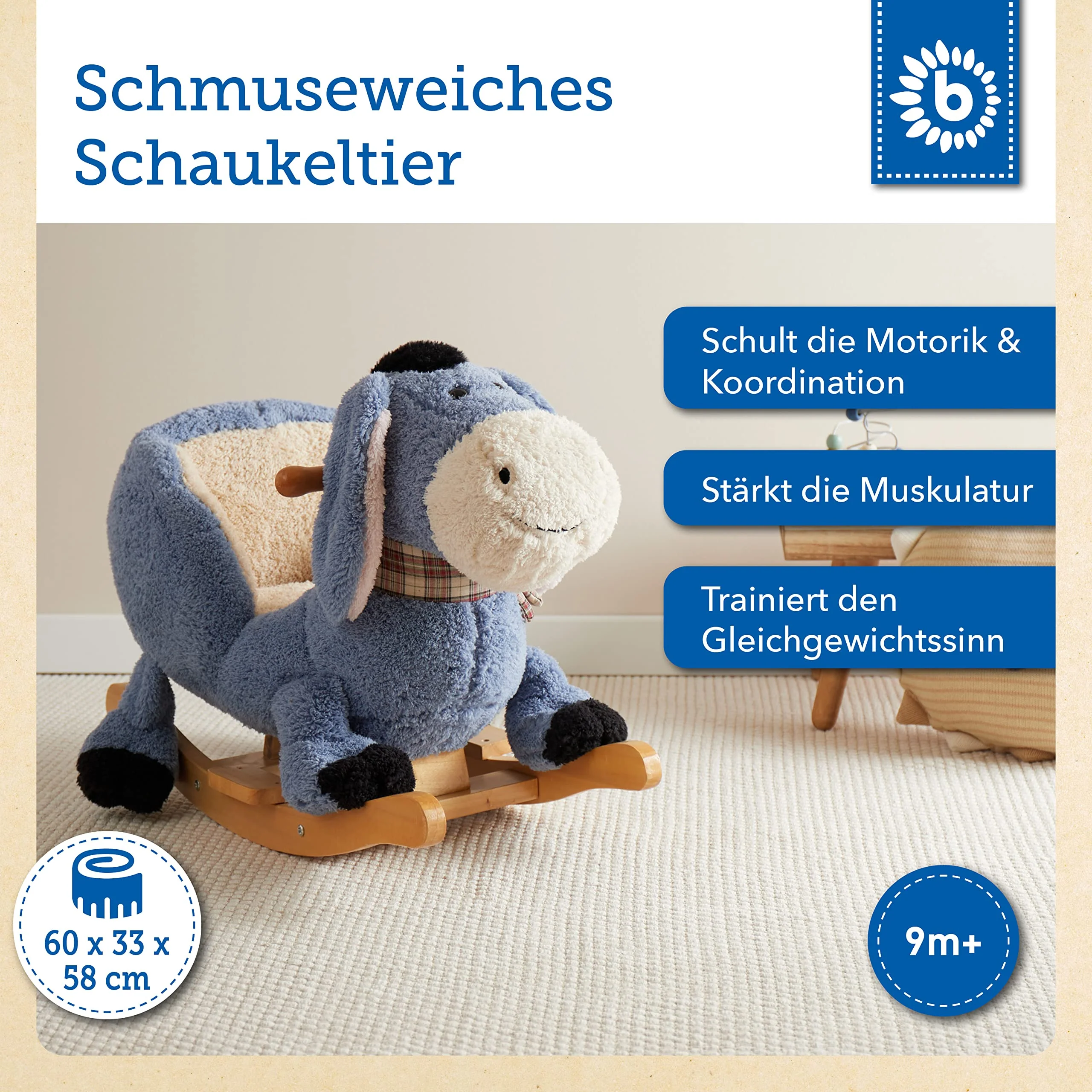 Bieco Plüsch Schaukeltier Esel | Kinder Schaukelstuhl mit Sicherheitsgurt | | Schaukel Kleinkind | Zimmer | Baby Schaukelwippe ab 9 Monate | Schaukelpferd Holz - Image 7