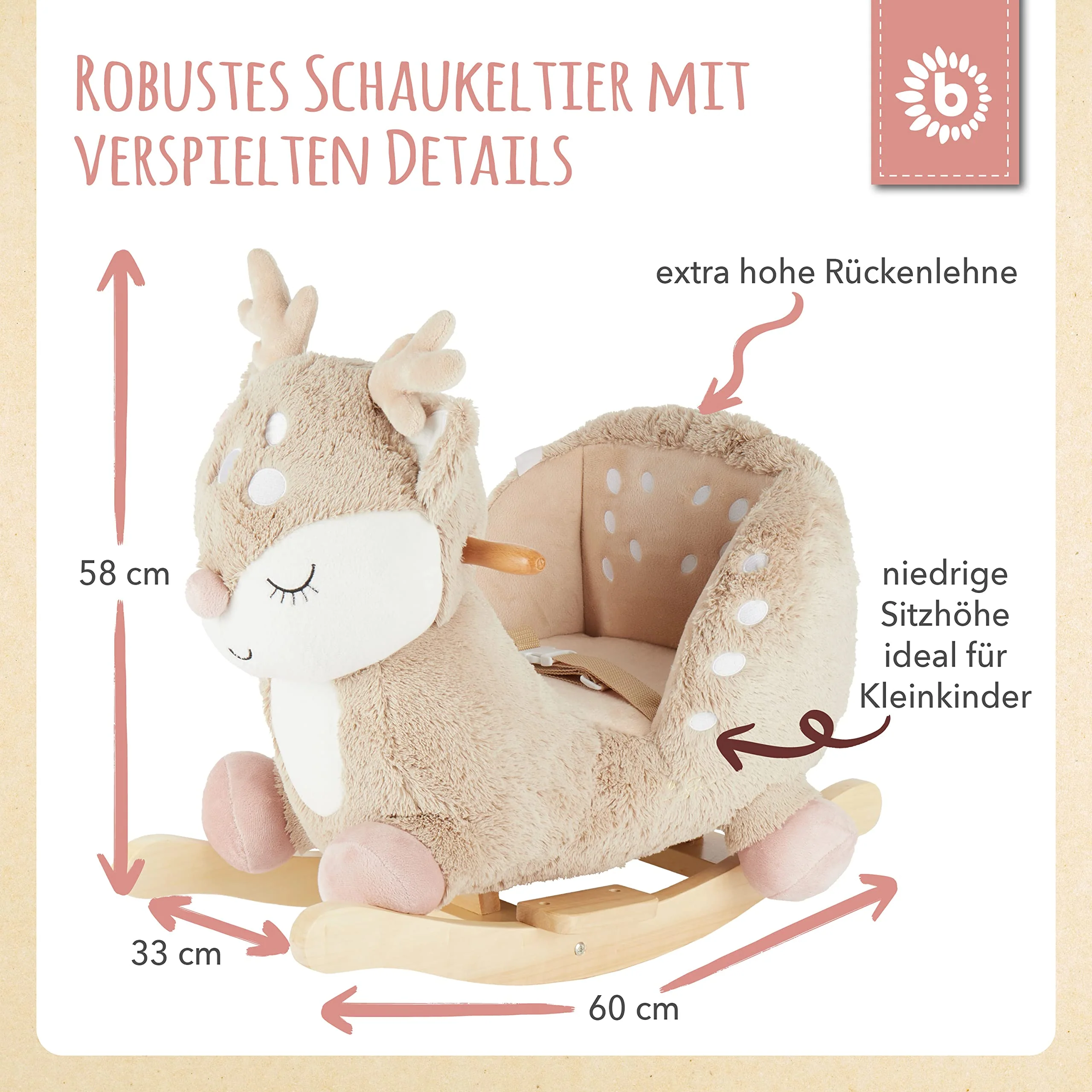 Bieco Plüsch Schaukeltier REH, 60 cm | Kinder Schaukelstuhl mit Sicherheitsgurt | Baby Schaukel | Schaukel Kleinkind | Schaukeltier Baby Schaukelwippe ab 9 Monate | Schaukelpferd Holz - Image 4