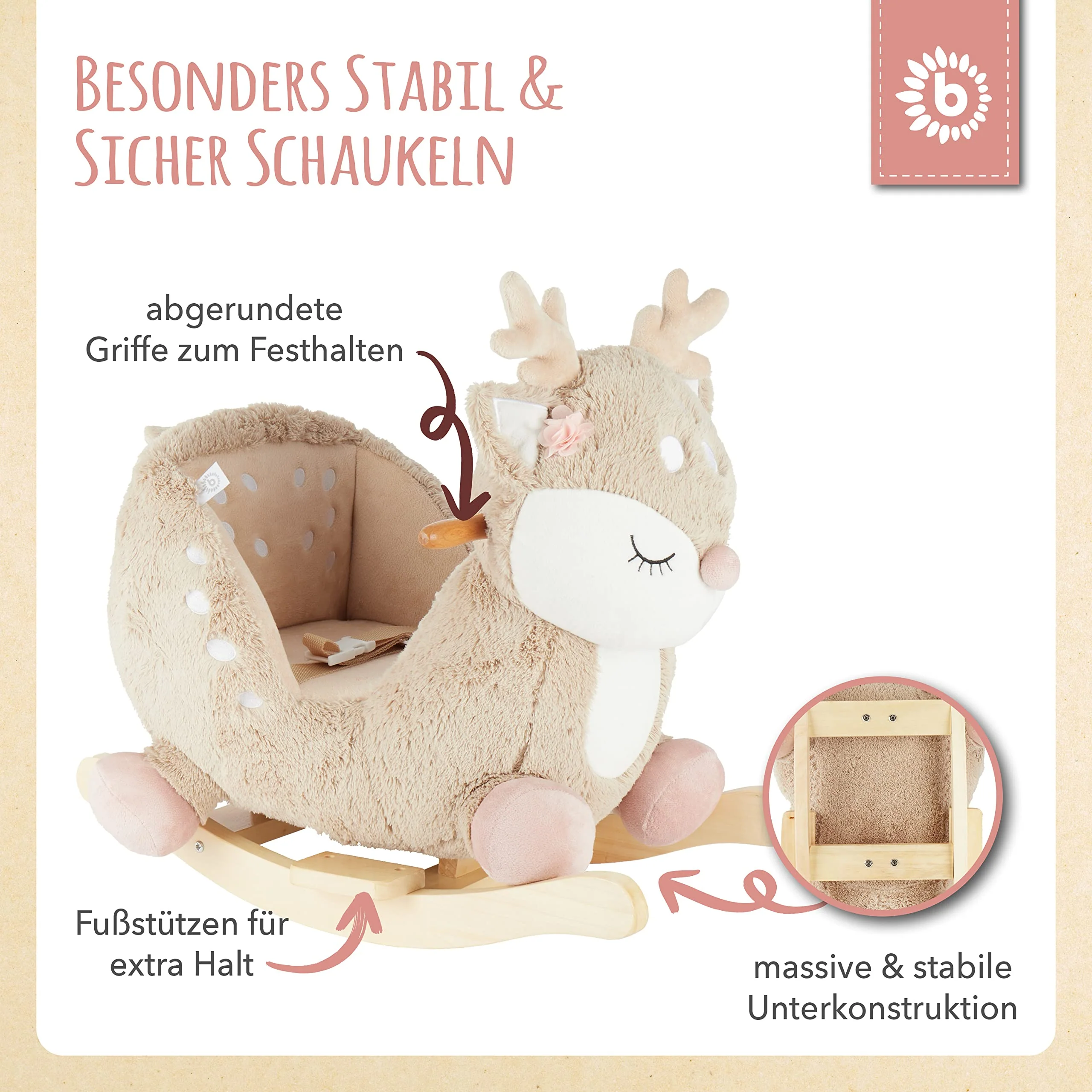 Bieco Plüsch Schaukeltier REH, 60 cm | Kinder Schaukelstuhl mit Sicherheitsgurt | Baby Schaukel | Schaukel Kleinkind | Schaukeltier Baby Schaukelwippe ab 9 Monate | Schaukelpferd Holz - Image 5