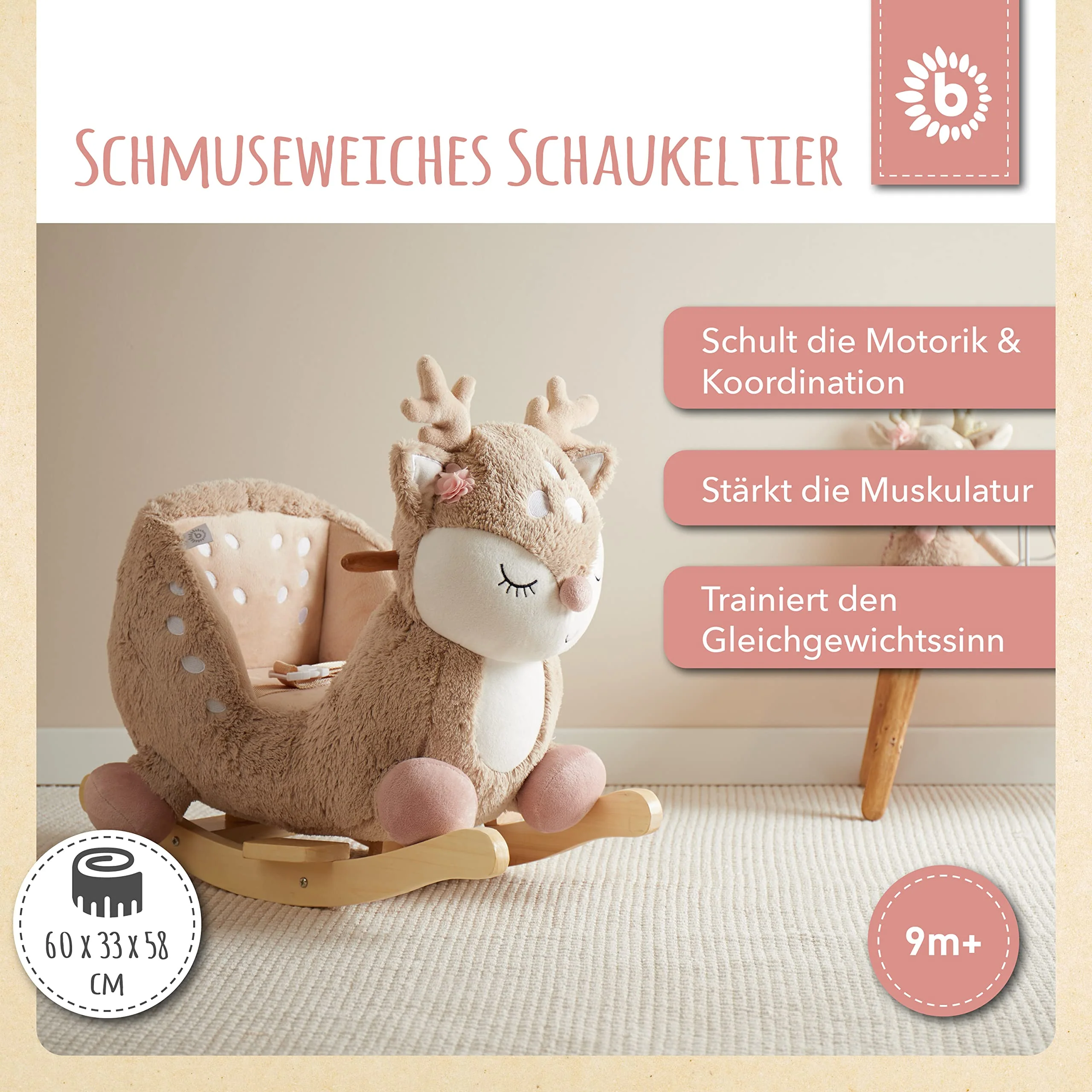 Bieco Plüsch Schaukeltier REH, 60 cm | Kinder Schaukelstuhl mit Sicherheitsgurt | Baby Schaukel | Schaukel Kleinkind | Schaukeltier Baby Schaukelwippe ab 9 Monate | Schaukelpferd Holz - Image 7