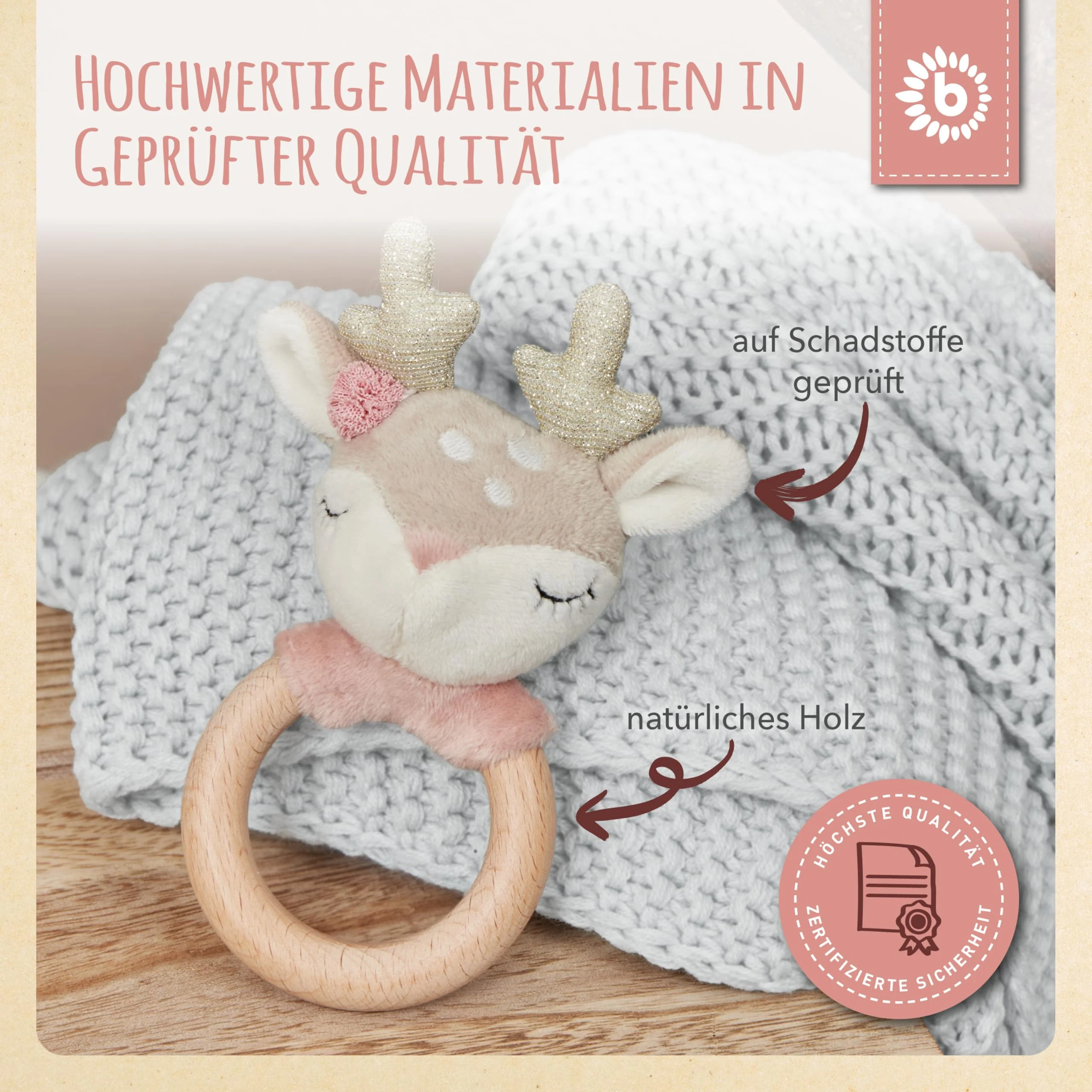 Bieco Reh Ella Greifling Baby Holz | Babyrassel Holz | Kuscheltier Baby Reh Mädchen | Rasseln & Greiflinge Babyrassel 0 Monate Baby Rassel Reh Rassel Holz Baby Greifling Reh Ella Bieco Babyspielzeug - Image 4