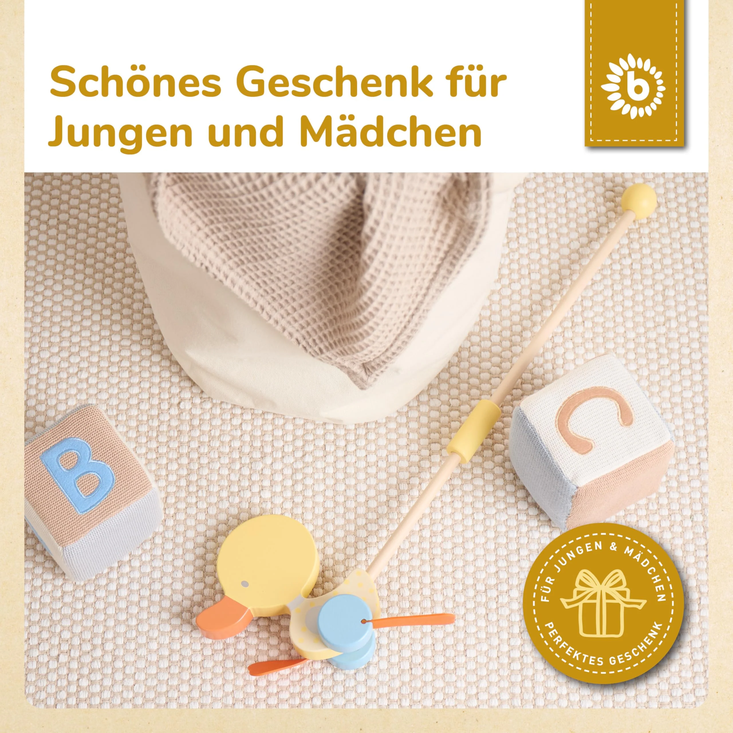Bieco Schiebespielzeug Holz Ente | Schiebetiere ab 1 Jahr | Enten Lauftier Holz | Schiebetier für Jungen & Mädchen | Süßes Nachziehtier Schieber - Image 3