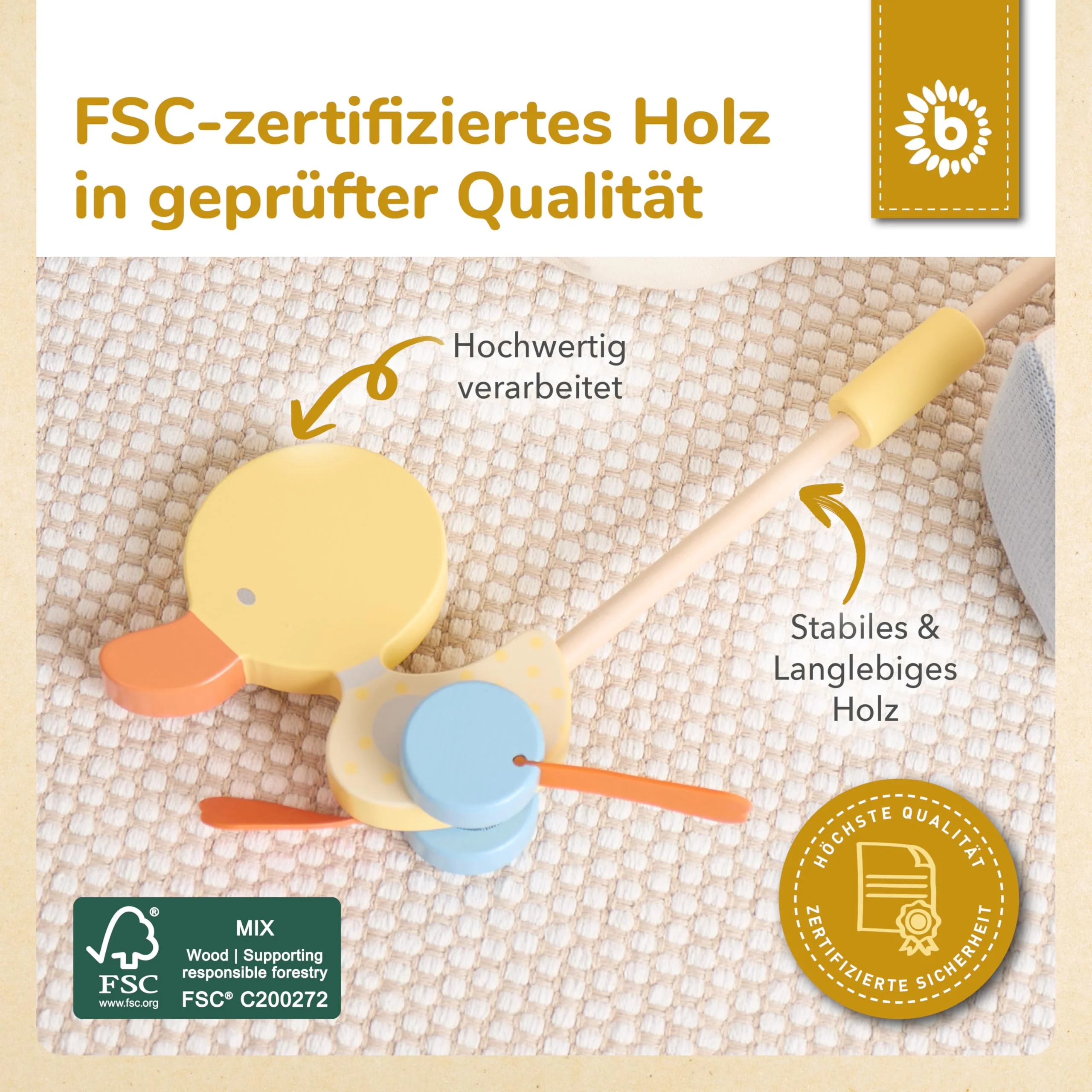 Bieco Schiebespielzeug Holz Ente | Schiebetiere ab 1 Jahr | Enten Lauftier Holz | Schiebetier für Jungen & Mädchen | Süßes Nachziehtier Schieber - Image 4