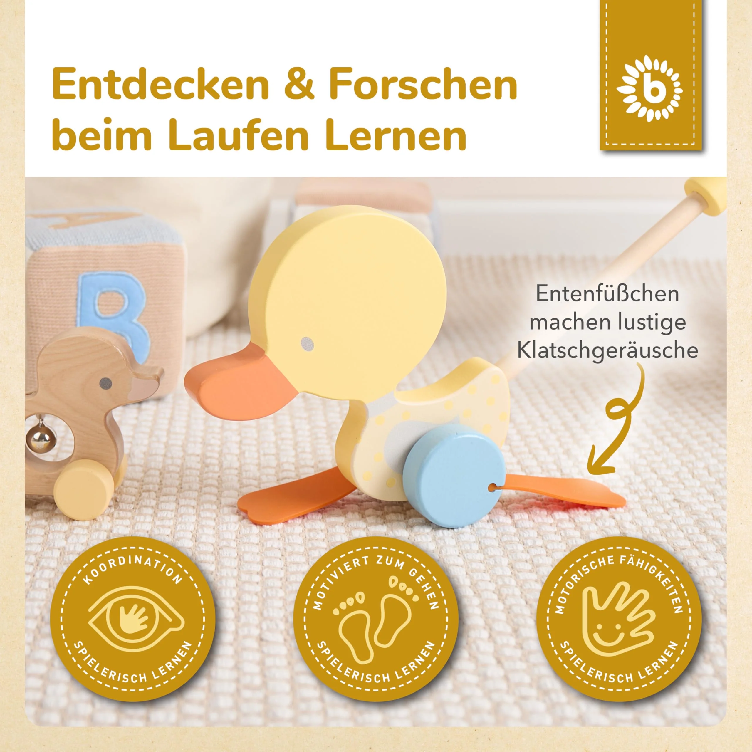 Bieco Schiebespielzeug Holz Ente | Schiebetiere ab 1 Jahr | Enten Lauftier Holz | Schiebetier für Jungen & Mädchen | Süßes Nachziehtier Schieber - Image 5