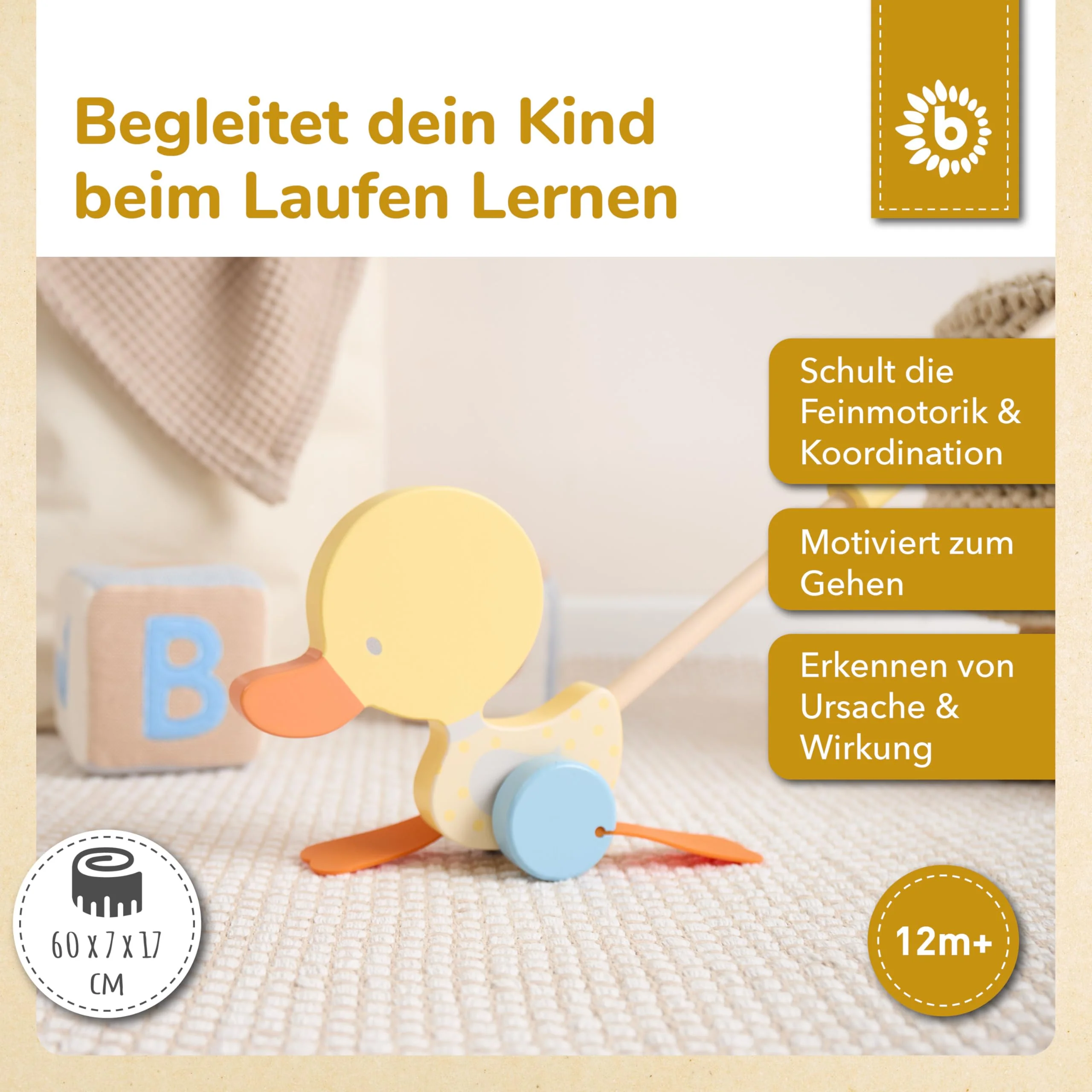 Bieco Schiebespielzeug Holz Ente | Schiebetiere ab 1 Jahr | Enten Lauftier Holz | Schiebetier für Jungen & Mädchen | Süßes Nachziehtier Schieber - Image 8