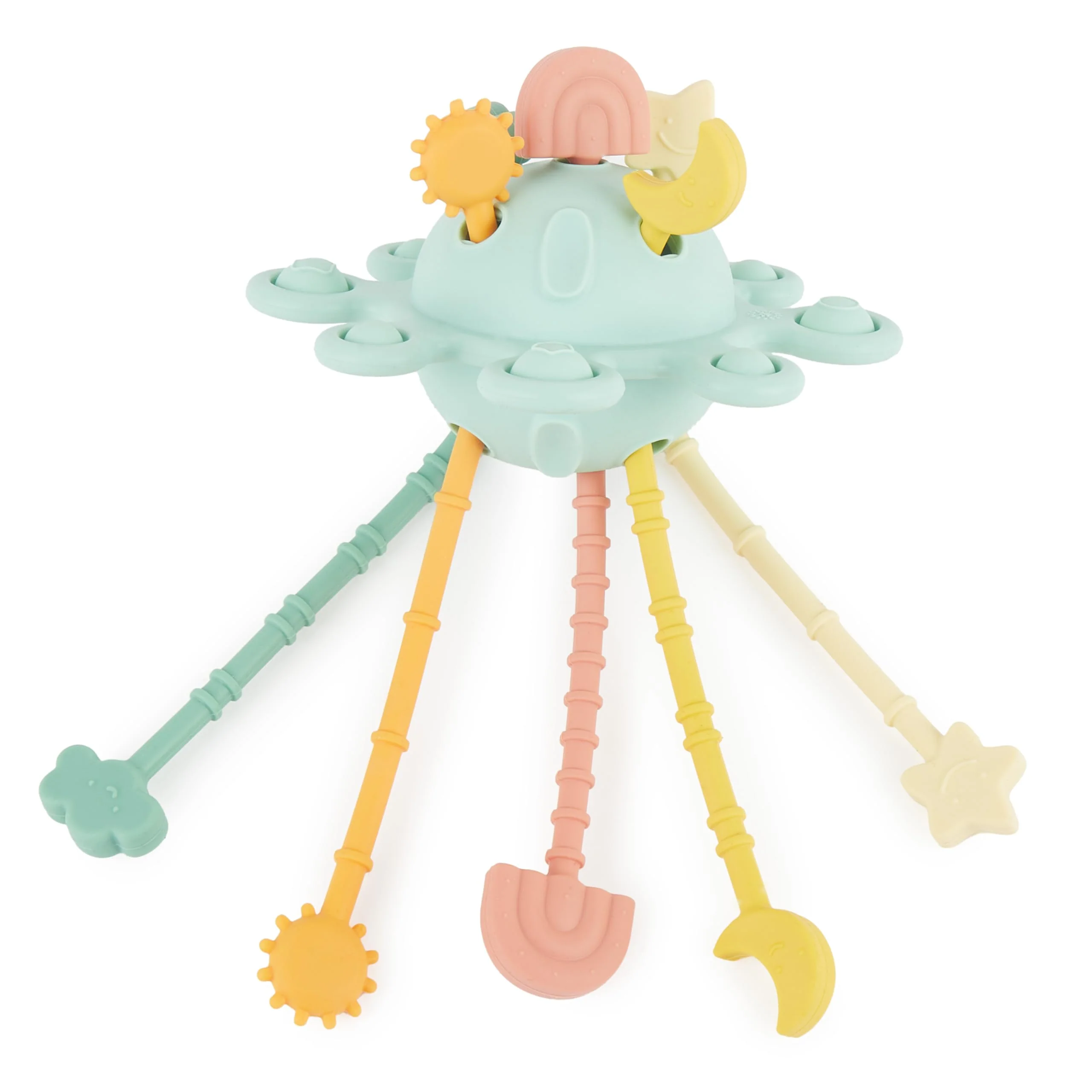 Bieco Silikon Activity Planet Eucalyptus | Montessori Spielzeug Baby 1 Jahr | UFO Spielzeug Baby Motorikspielzeug Silikon Zugschnur Spielzeug ab 1 Montessori Spielzeug Silikon Baby Sensorik Spielzeug