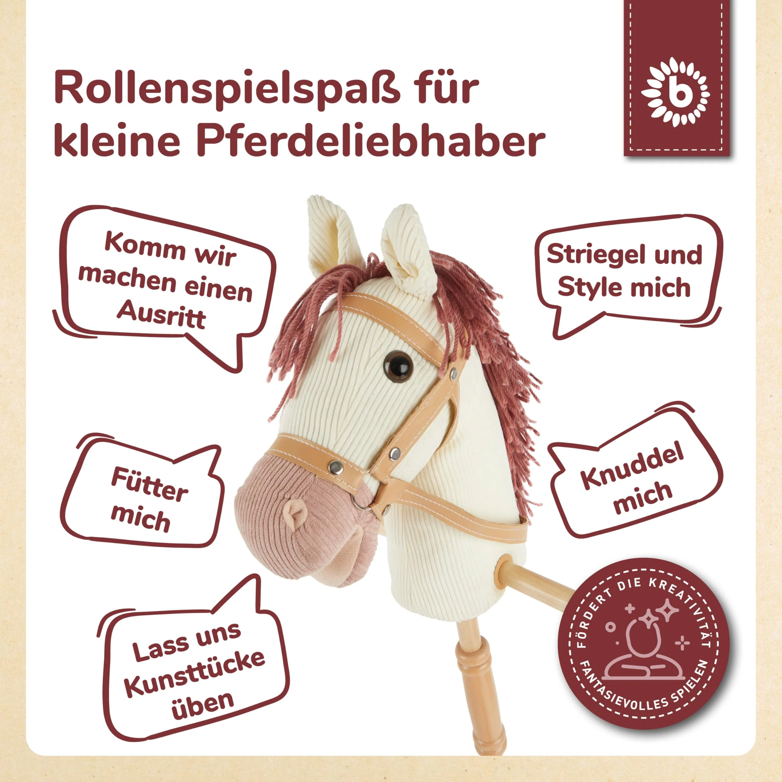 Bieco Steckenpferd Kinder Ginger | Hobby Horse Pferde | Steckenpferd Rollen | Steckenpferd Holz Pferd Stab | Stock Pferde Schöne Steckenpferde für Kinder Stockpferd Kleinkind - Image 5