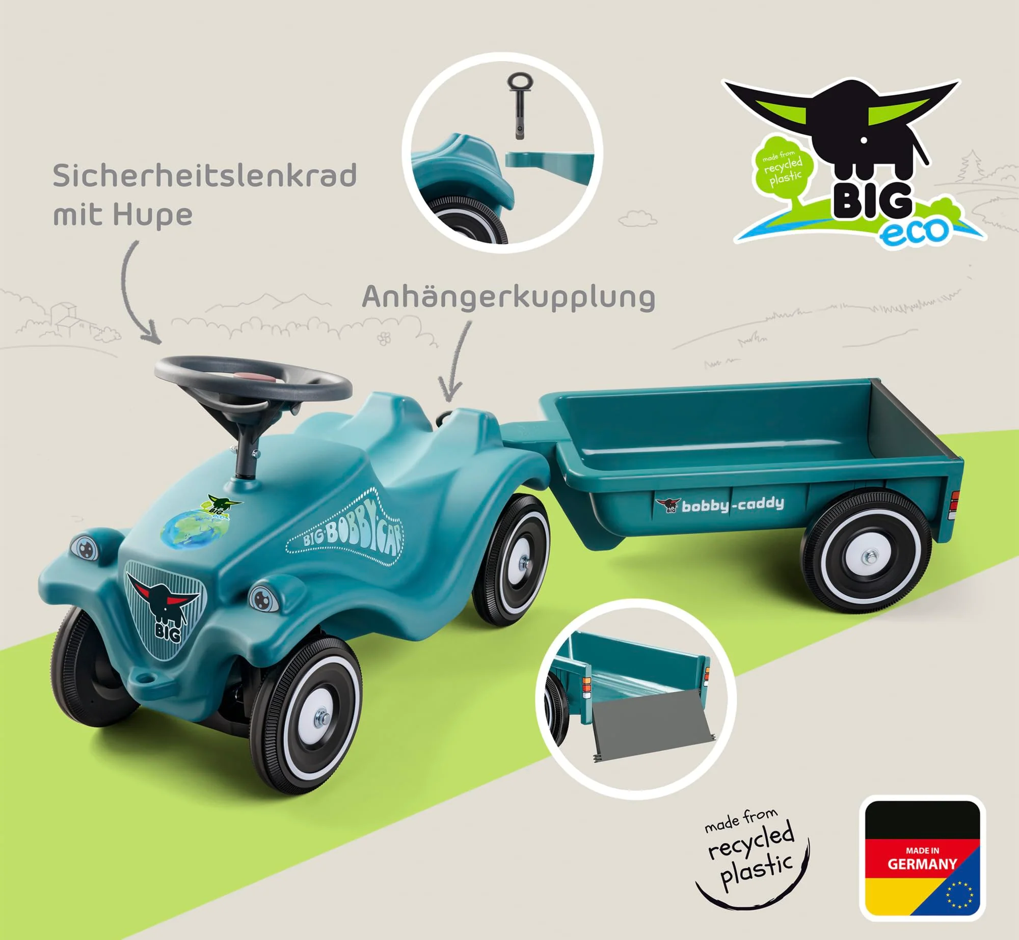 BIG Bobby Car Classic Eco 2.0 mit Anhänger - Rutschauto ab 1 Jahr aus Recycling-Material mit Caddy, Lenkrad und Hupe, für Kinder ab 1 Jahr (bis 50 kg), Türkis mit Grau - Image 4