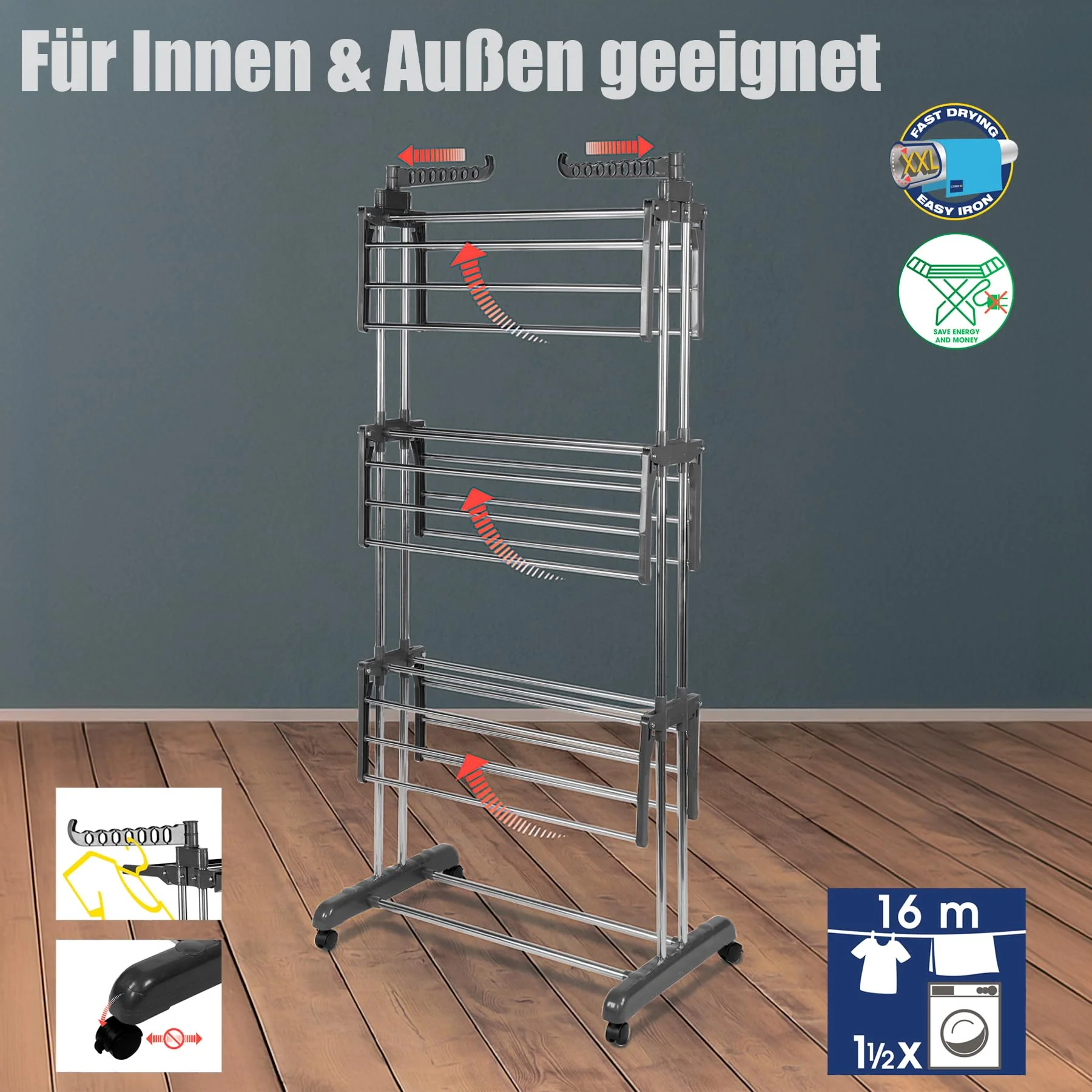 BigDean Wäscheständer Turm 16m Trockenlänge mit 3 Ebenen und 4 Rollen in Grau - Wäscheständer platzsparend für innen & außen - Image 6