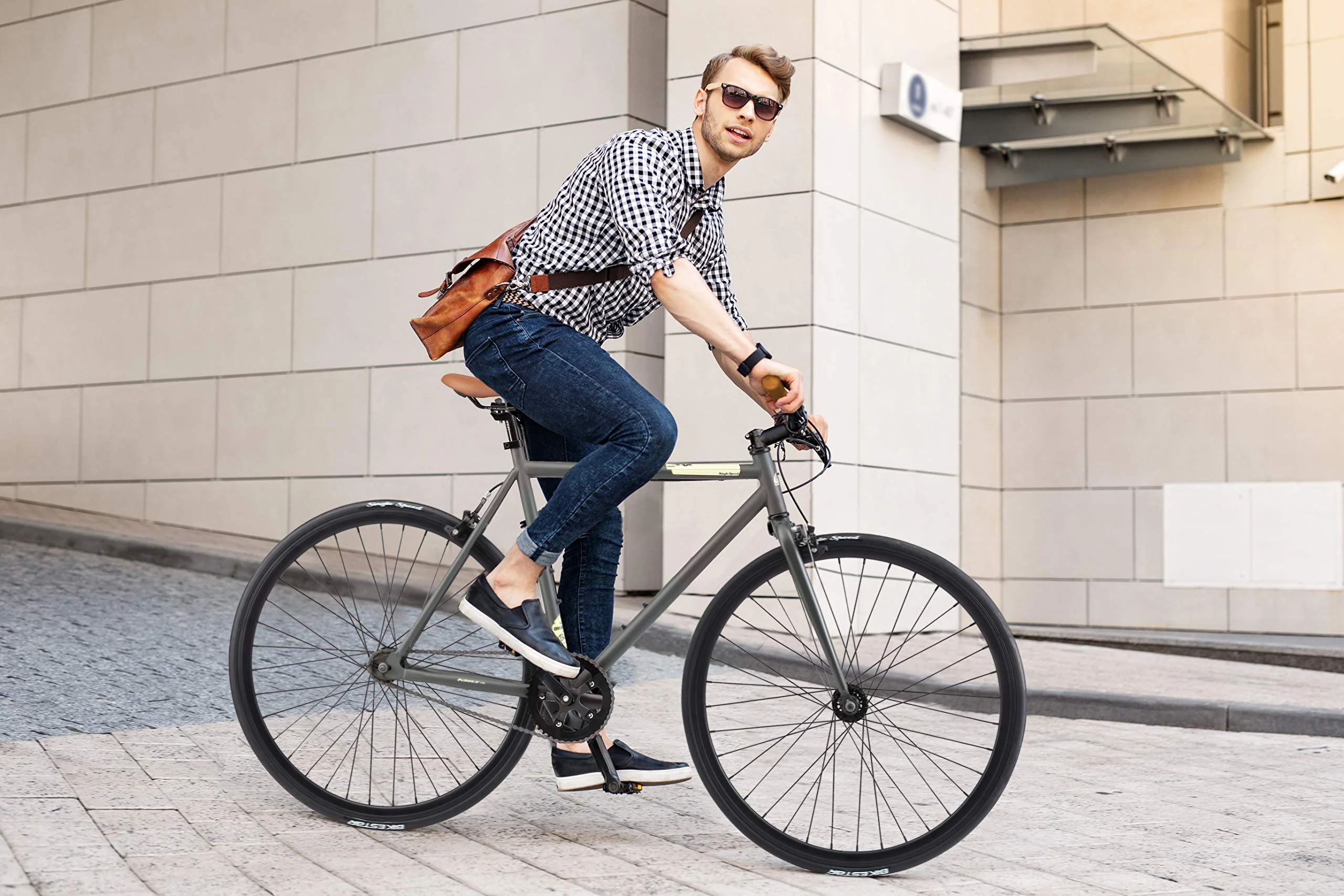 BIKESTAR Singlespeed 700C 28 Zoll City Stadt Fahrrad Fixie | 53 cm Rahmen Rennrad Retro Vintage Herren Damen Rad | Grün & Beige | Risikofrei Testen