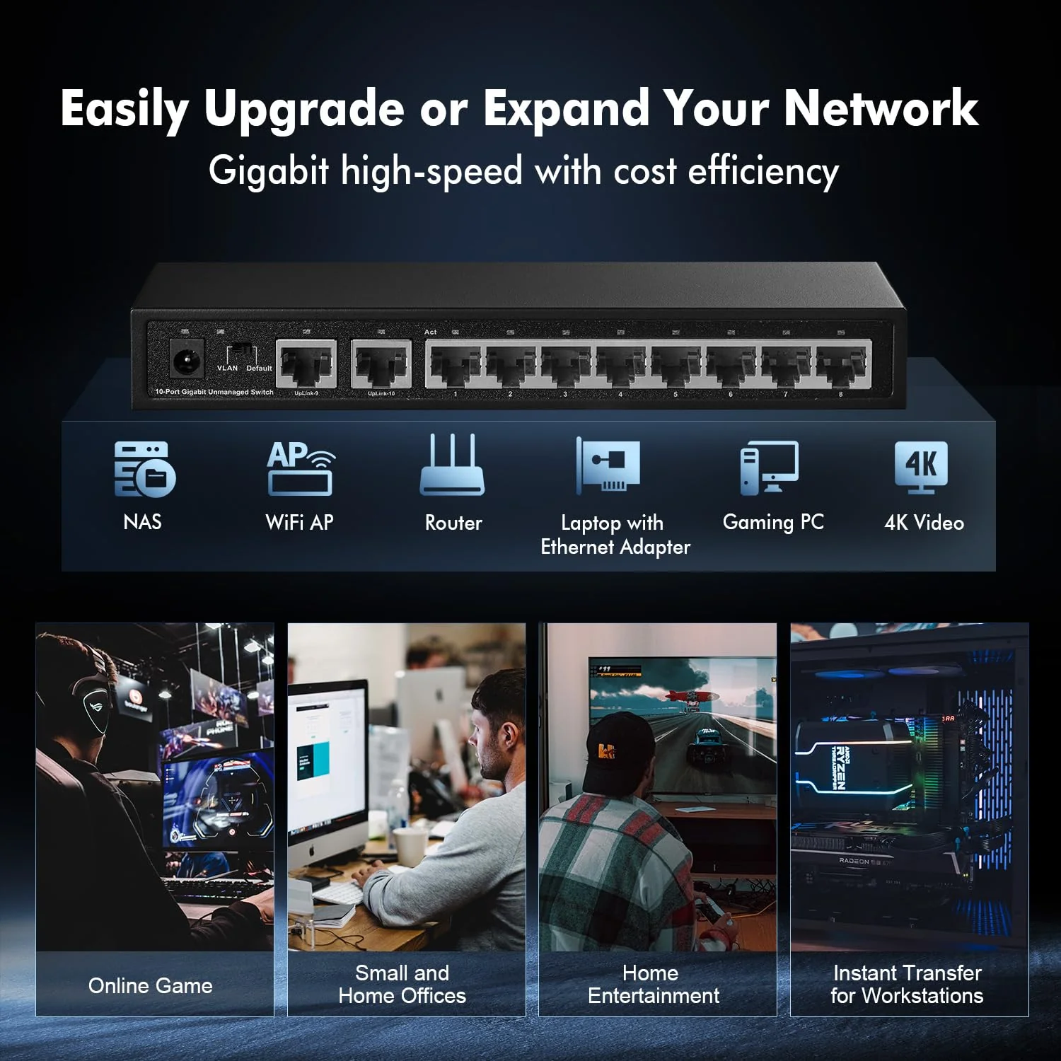 Binardat 10 Port Gigabit Ethernet Switch, 8 Ports 100/1000Mbps, 2 Gigabit Uplink, Unterstützung Vlan, Metallgehäuse Unmanaged Plug and Play - Image 2