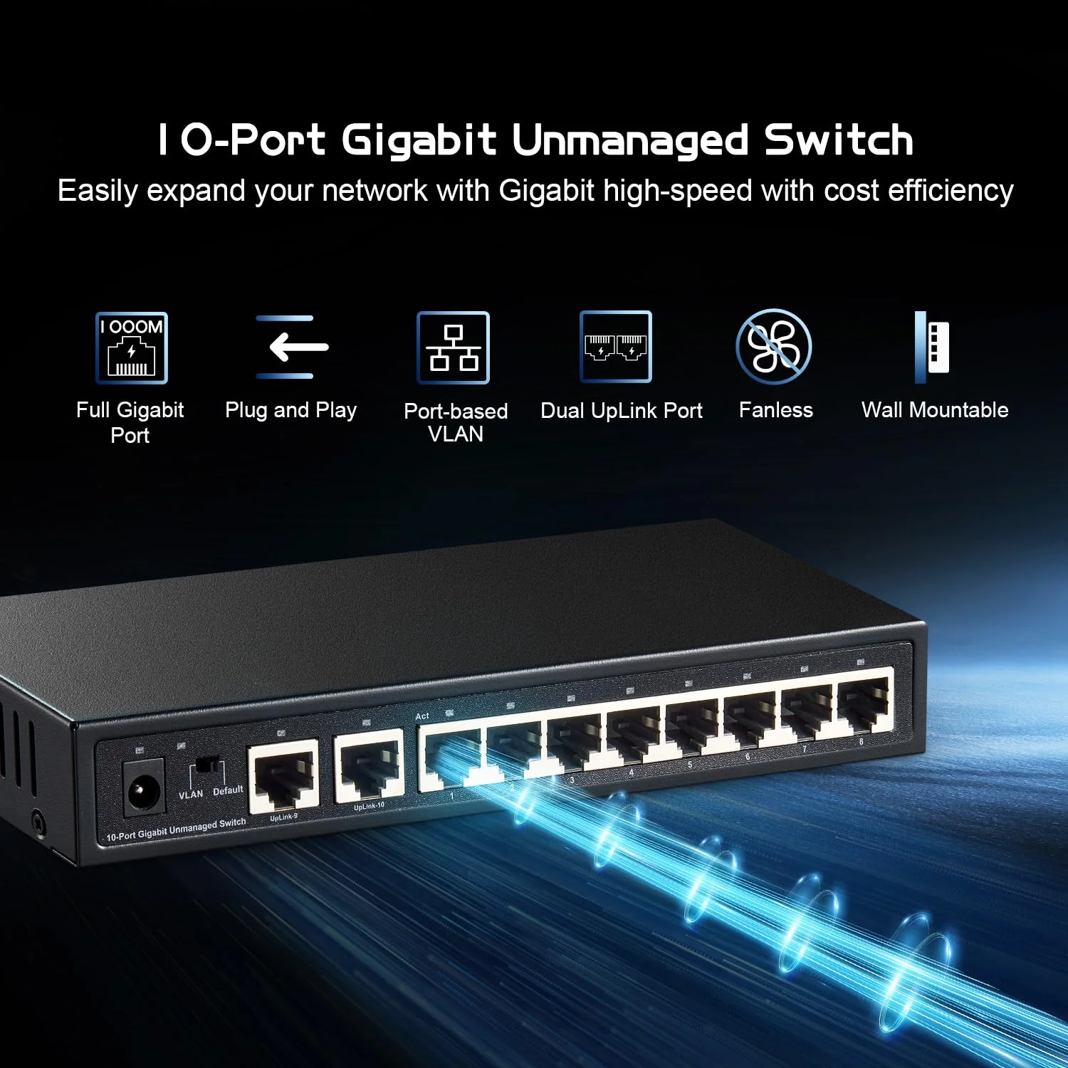Binardat 10 Port Gigabit Ethernet Switch, 8 Ports 100/1000Mbps, 2 Gigabit Uplink, Unterstützung Vlan, Metallgehäuse Unmanaged Plug and Play - Image 4