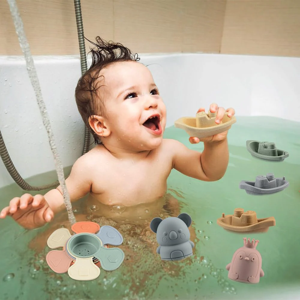 BIQIQI Baby Badespielzeug, 15 Stück Badewannenspielzeug Baby Silikon Wasserspielzeug Kinder mit Spritztiere Boote Badelöffeln,Schwimmende Schwimmbad Badewanne Pool Bad Spielzeug für Kleinkinder - Image 4