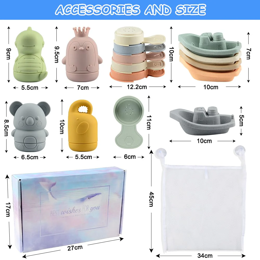 BIQIQI Baby Badespielzeug, 15 Stück Badewannenspielzeug Baby Silikon Wasserspielzeug Kinder mit Spritztiere Boote Badelöffeln,Schwimmende Schwimmbad Badewanne Pool Bad Spielzeug für Kleinkinder - Image 8
