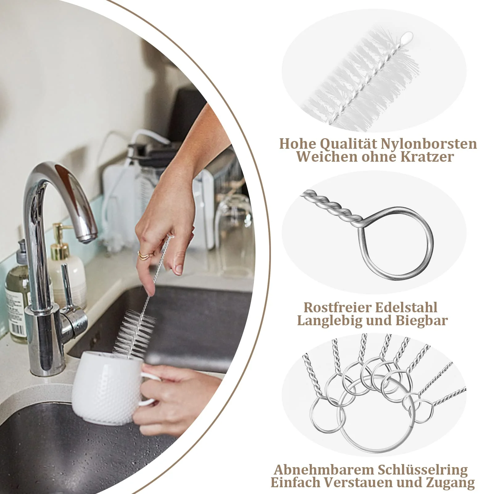 Birswoil Kleine Reinigungsbürste Set, 8 Stück Nylon Milchschlauchbürste für Kaffeevollautomat, Strohhalme Bürste, Pfeifenreiniger Bürste, Flaschenbürste (Weiß) - Image 2