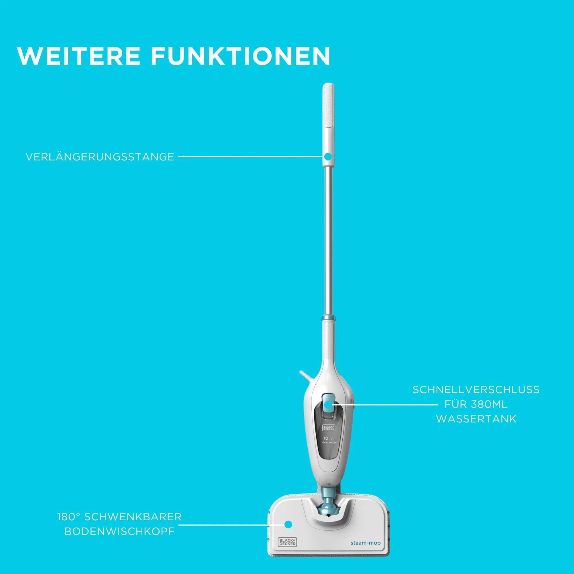BLACK+DECKER 1300W 10-in-1 Dampfbesen Steam Mop Deluxe (Dampfreiniger für hygienische, gründliche Sauberkeit, großes Zubehörset + herausnehmbares Handdampfgerät, einfache Bedienbarkeit) FSMH13E10 - Image 2