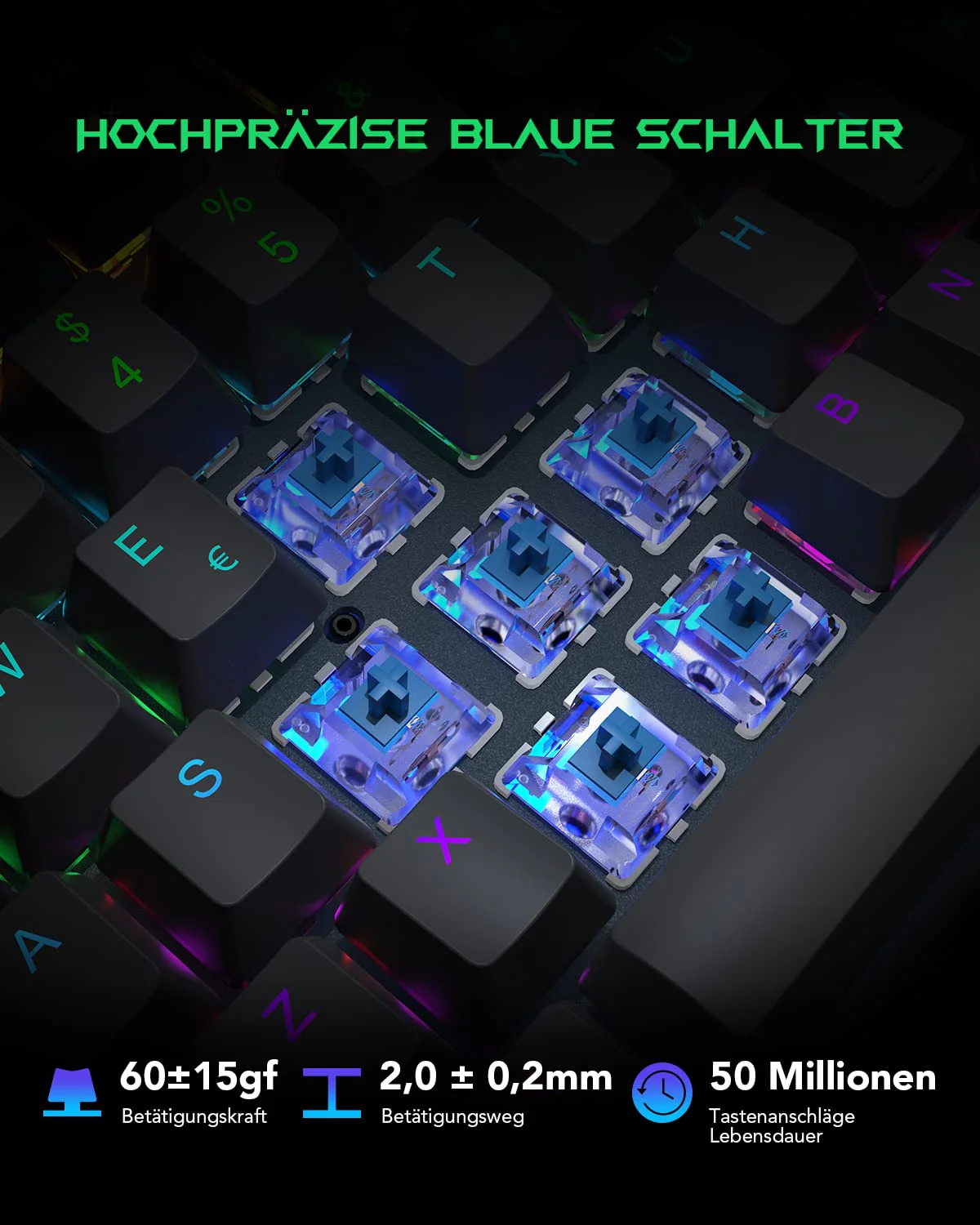 Black Shark Mechanische Gaming Tastatur RGB-Beleuchtung, QWERTZ Deutsches Layout, Blauen Schaltern, Anti-Ghosting 105 Tasten, Metall Platte, Voll Programmierbare Gaming Tastatur, für PC Gamers - Image 3