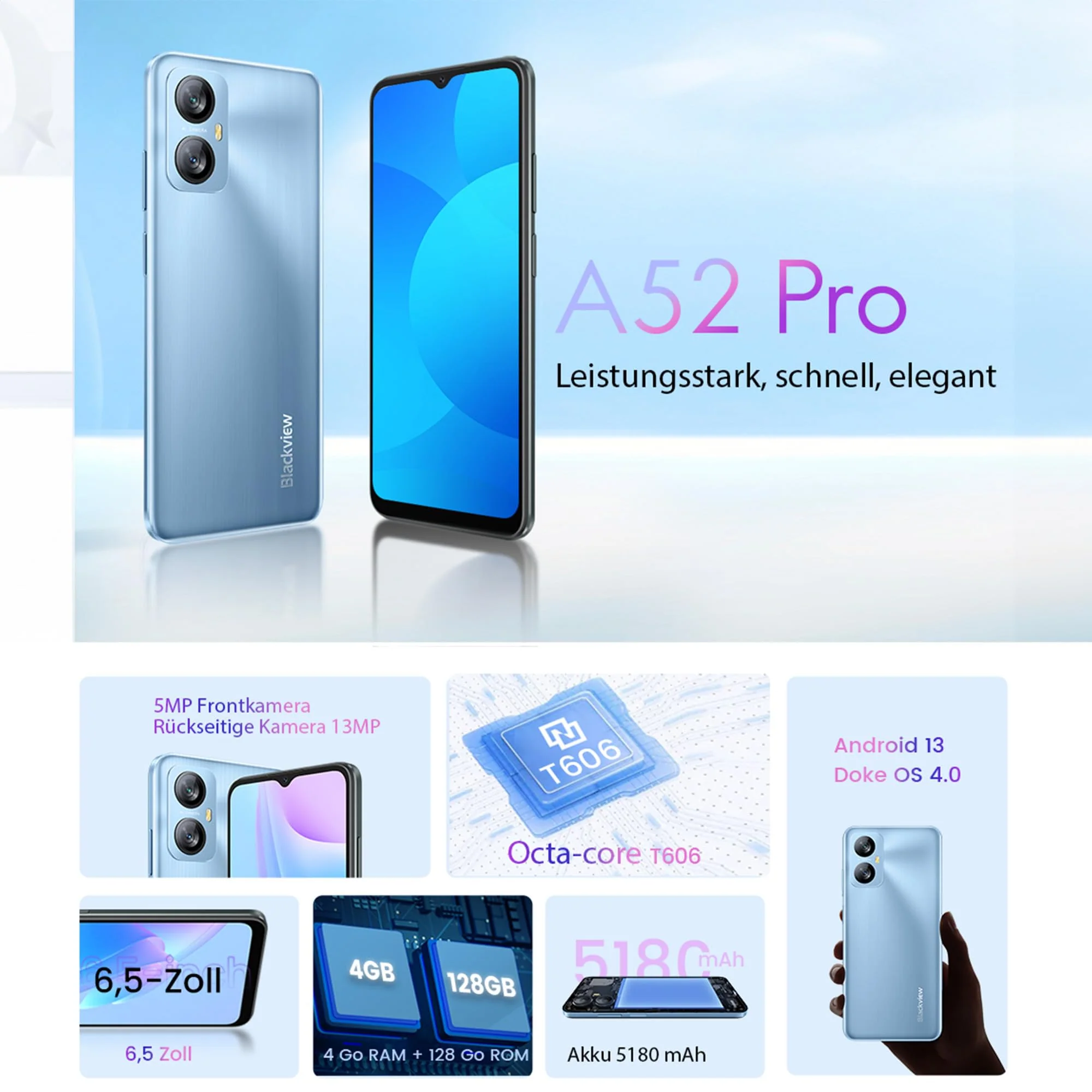 Blackview A52 Pro - Smartphone 4G - Mobiltelefon mit T606 Octa Core Prozessor - 6,5 Zoll Display - 4 GB + 128 GB - 5180 mAh Akku - 13 MP Rückkamera - Grün - Image 5