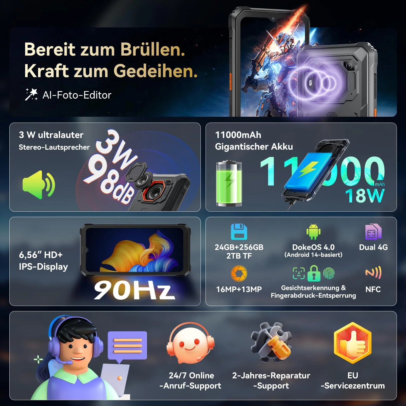Blackview BV6200 Plus Outdoor Handy 11000mAh 24GB+256GB/2TB, Android 14 Outdoor Smartphone Ohne Vertrag, 98DB Lautsprecher, 6.56" 90Hz, IP69K Wasserdicht,Baustellenhandy, 16MP+13MP/Dual 4G/OTG/GPS/NFC - Image 9