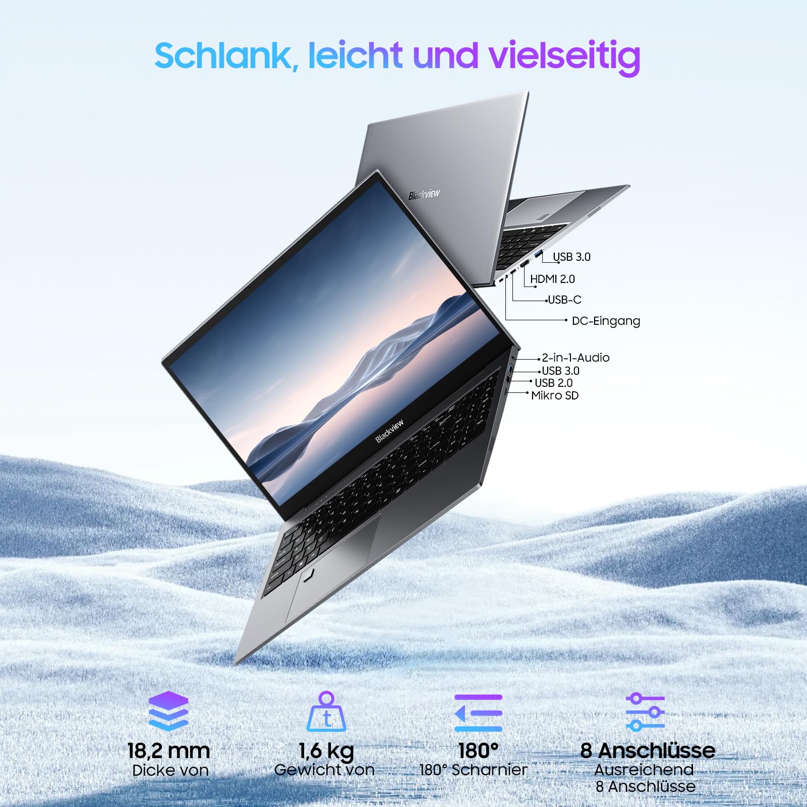 Blackview Laptop 15,6" FHD+ Notebook, 16GB DDR4 512GB SSD + TF, 3.6GHz Processor N97/UHD Graphics, Windows 11, 38Wh, QWERTY, HDMI 2.0, Bluetooth, USB 3.0, Fingerabdruck. FaceID, WLAN 5G - Image 3
