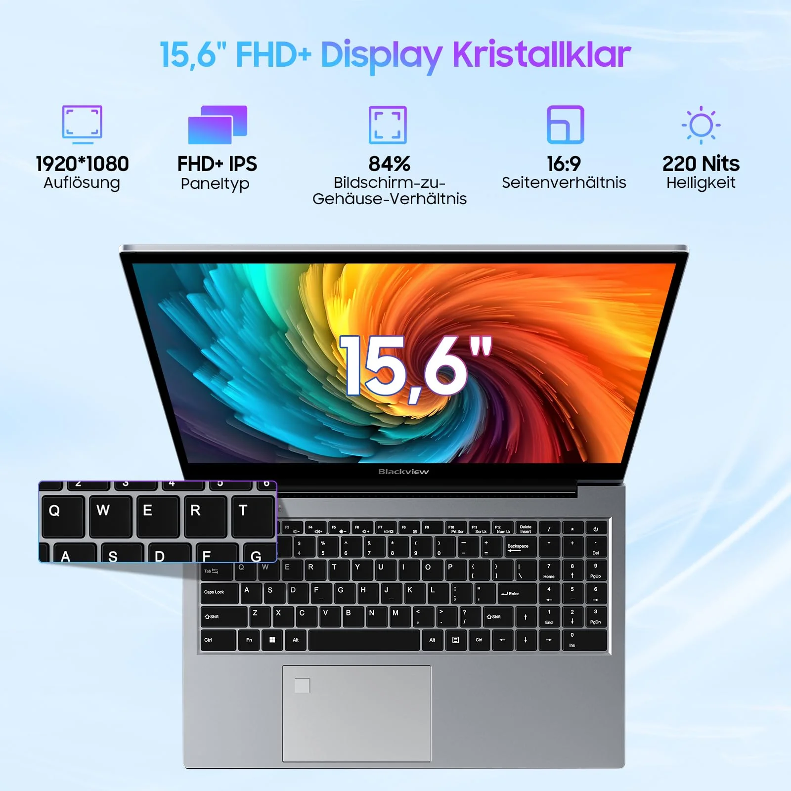 Blackview Laptop 15,6" FHD+ Notebook, 16GB DDR4 512GB SSD + TF, 3.6GHz Processor N97/UHD Graphics, Windows 11, 38Wh, QWERTY, HDMI 2.0, Bluetooth, USB 3.0, Fingerabdruck. FaceID, WLAN 5G - Image 6
