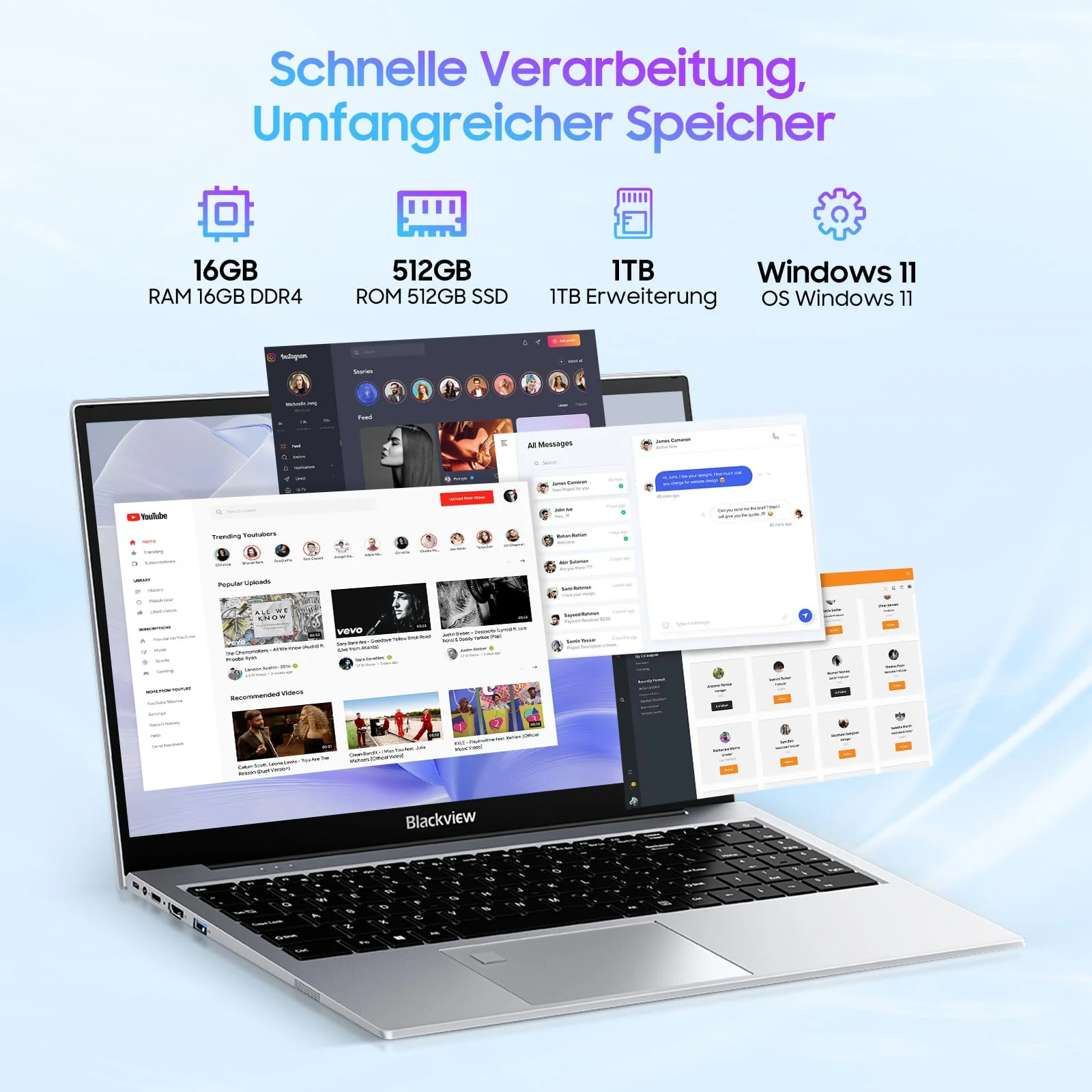 Blackview Laptop 15,6" FHD+ Notebook, 16GB DDR4 512GB SSD + TF, 3.6GHz Processor N97/UHD Graphics, Windows 11, 38Wh, QWERTY, HDMI 2.0, Bluetooth, USB 3.0, Fingerabdruck. FaceID, WLAN 5G - Image 8