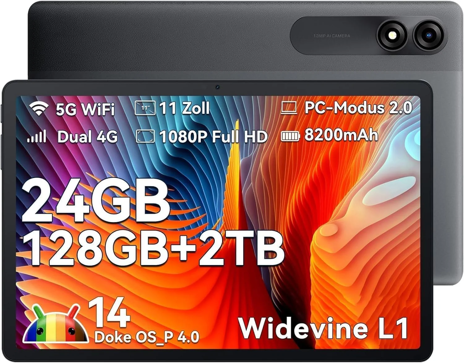 Blackview Tab 90 11 Zoll Tablet,24GB RAM+128GB ROM(2TB TF), 4G LTE+5G WiFi Android 14 Tablets PC,Octa-Core Gaming Tablet mit 8200mAh Akku,5MP+13MP,Dual Kamera,Tablets mit Widevine L1Face ID/GMS/GPS