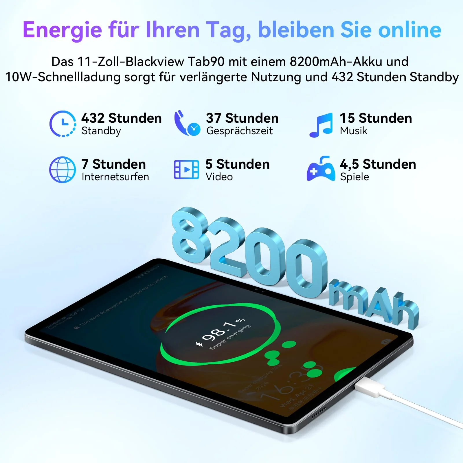 Blackview Tab 90 11 Zoll Tablet,24GB RAM+128GB ROM(2TB TF), 4G LTE+5G WiFi Android 14 Tablets PC,Octa-Core Gaming Tablet mit 8200mAh Akku,5MP+13MP,Dual Kamera,Tablets mit Widevine L1Face ID/GMS/GPS - Image 5