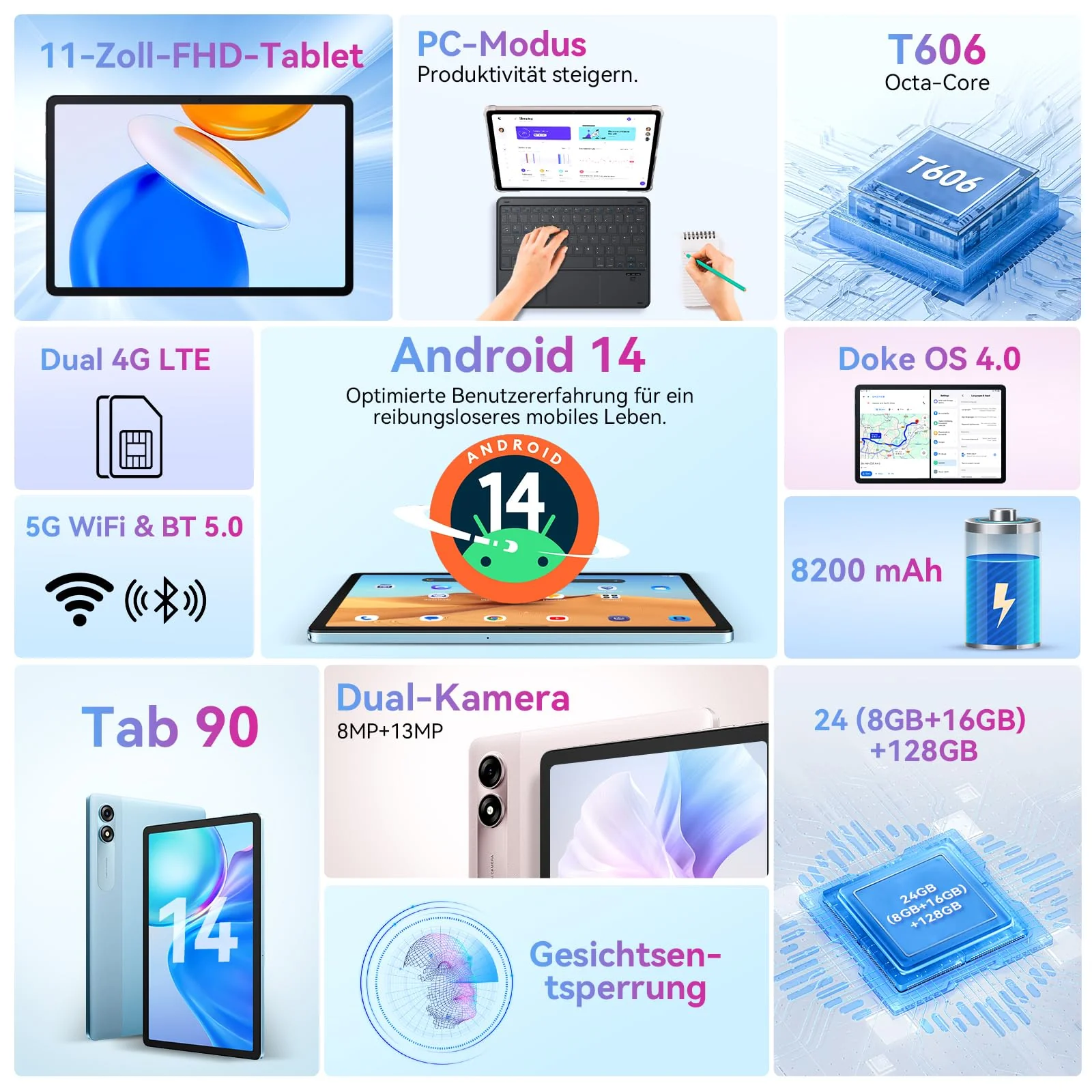 Blackview Tab 90 11 Zoll Tablet,24GB RAM+128GB ROM(2TB TF), 4G LTE+5G WiFi Android 14 Tablets PC,Octa-Core Gaming Tablet mit 8200mAh Akku,5MP+13MP,Dual Kamera,Tablets mit Widevine L1Face ID/GMS/GPS - Image 9