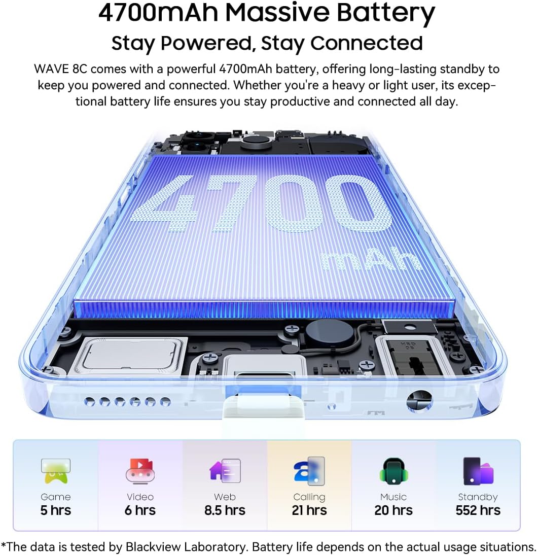 Blackview Wave 8C Android 14 Handy Ohne Vertrag Günstig, Octa Core 6GB+64GB+2TB SD, 6,56" HD+, Akku 4700mAh, 13MP+8MP, 4G LTE Dual SIM Smartphone Simlockfreie, 3.5mm Jack, GPS, mit Hülle, Schwarz - Image 15