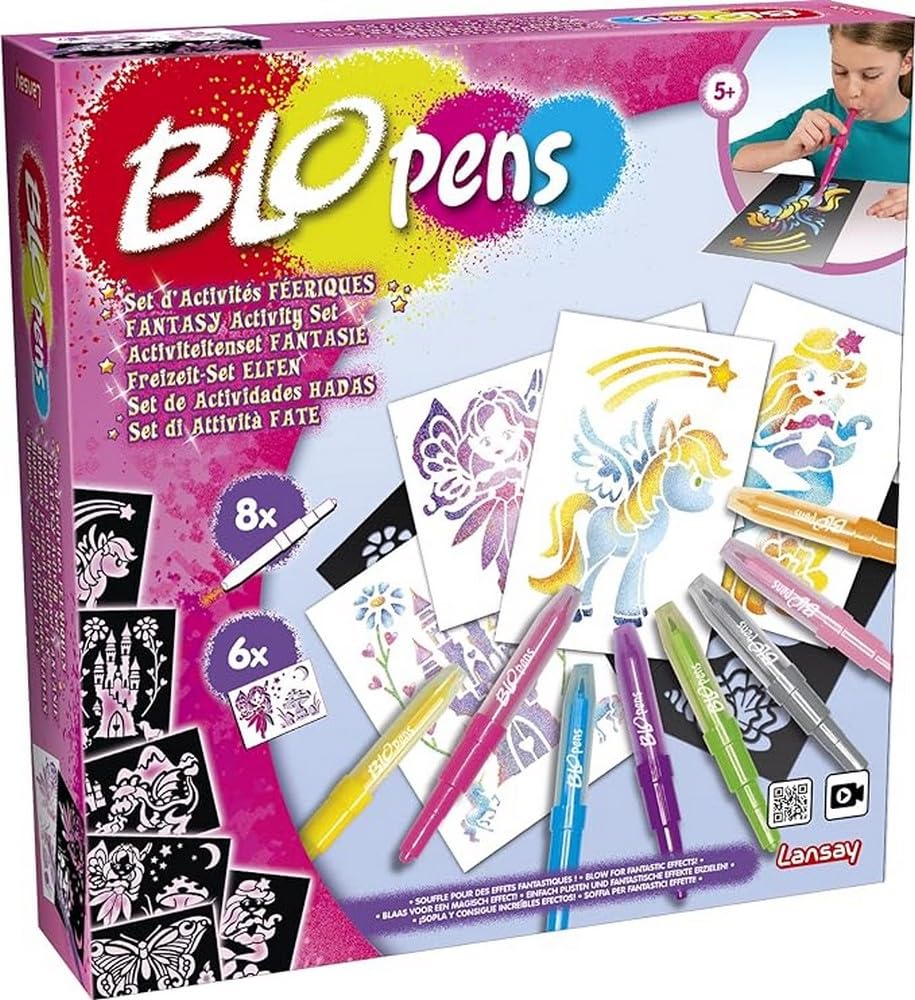 BLOPENS Lansay Set für magische Aktivitäten mit Pustestiften und wiederverwendbaren Schablonen - Kreativset für Kinder ab 5 Jahren - Feen, Einhörner und Meerjungfrauen - Perfekt für Bastelprojekte