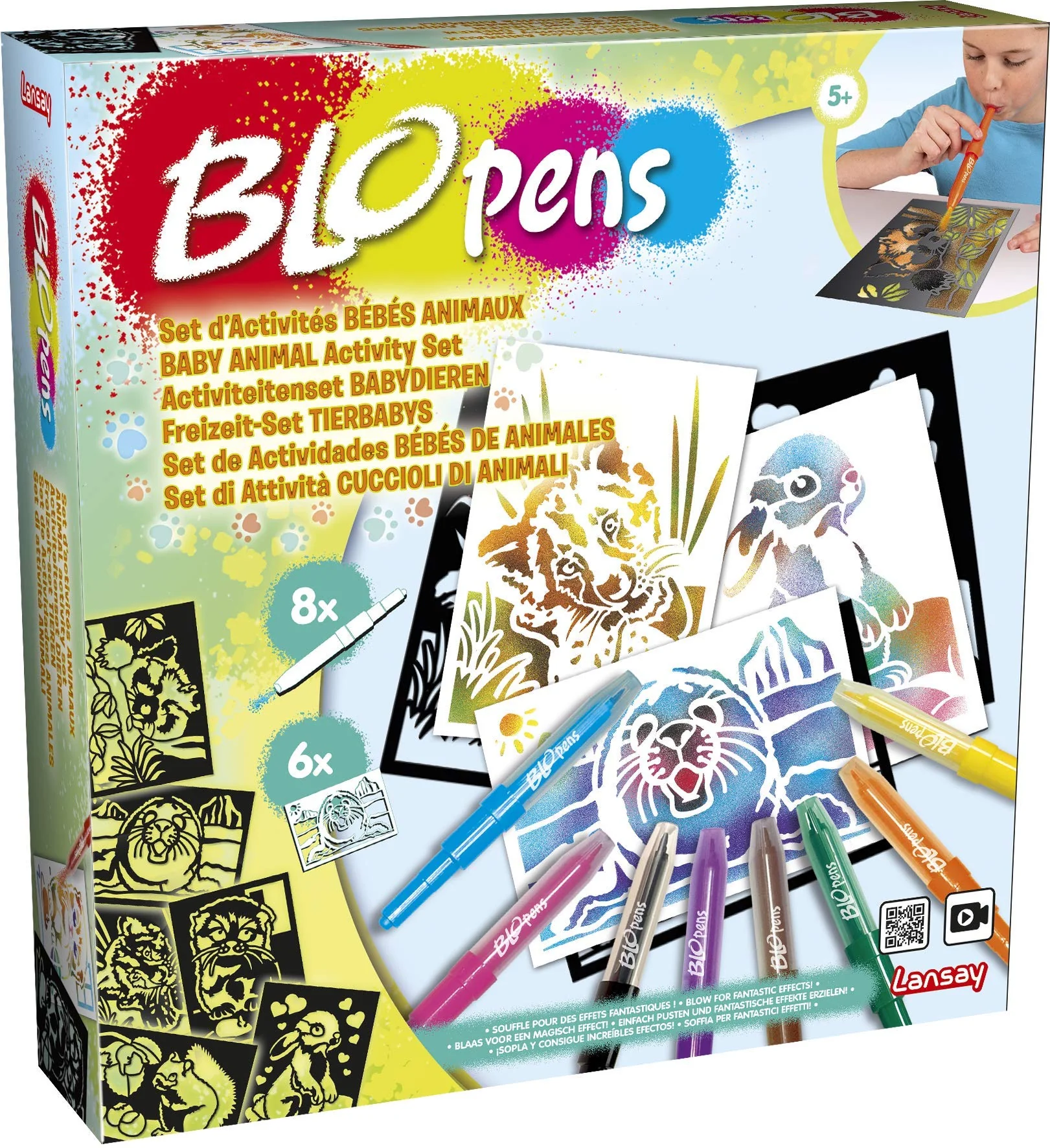 Blopens Lansay Tierbabys Kreativset zum Zeichnen und Färben - Freizeit-Malset mit Pustestiften für Kinder ab 5 Jahren - 8 Stifte, 20 Schablonen & Zubehör - Kreatives Malen und Basteln - Lansay