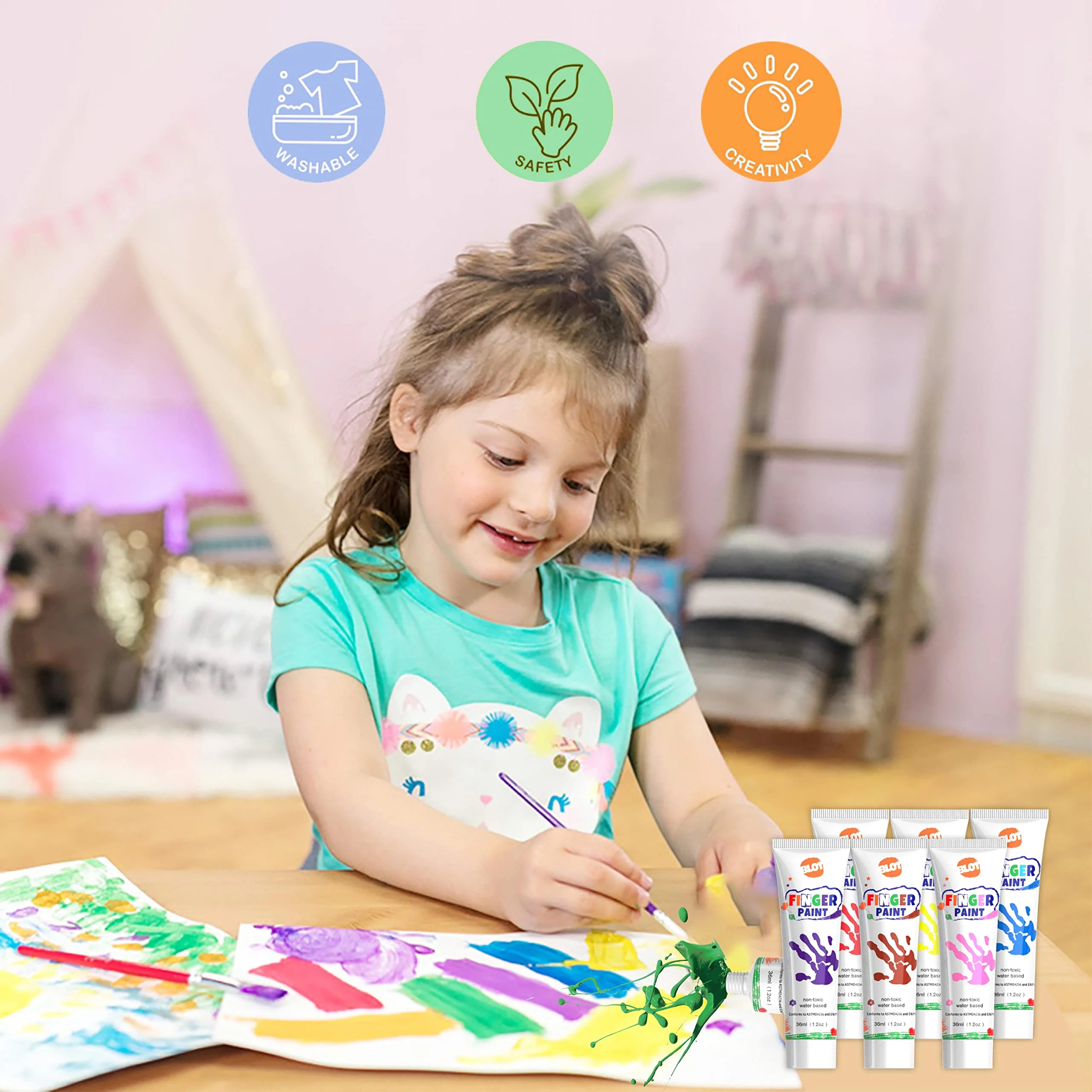 BLOT Fingerfarben Kinder Ungiftig Waschbares Fingermalfarben mit Pinsel Schwämme Palette für Kleinkinder Kindergarten Schule Frühes Lernen - Image 3