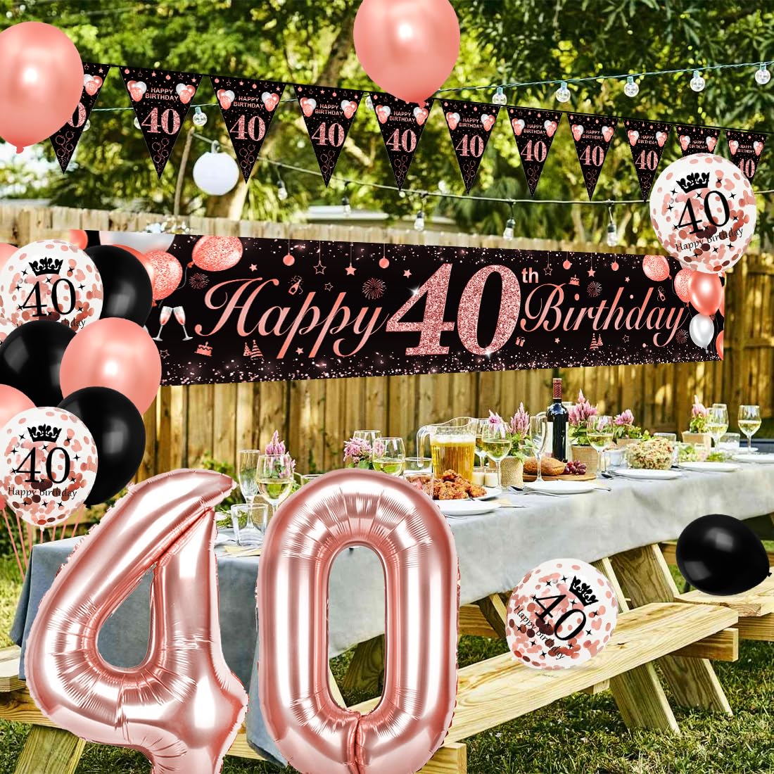Bluelves 40 Geburtstag Frauen Deko, Luftballons 40. Geburtstag, Schwarz Roségold Extra Lange Happy Birthday Banner (210 x 40cm) + Girlande Wimpel + Schwarz Rosegold Konfetti Luftballons - Image 3