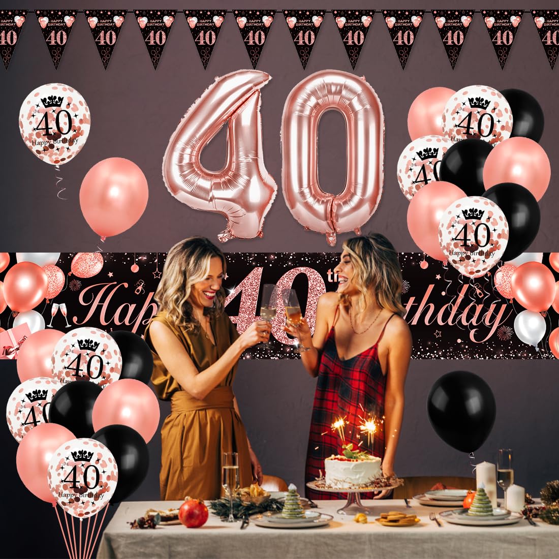 Bluelves 40 Geburtstag Frauen Deko, Luftballons 40. Geburtstag, Schwarz Roségold Extra Lange Happy Birthday Banner (210 x 40cm) + Girlande Wimpel + Schwarz Rosegold Konfetti Luftballons - Image 4