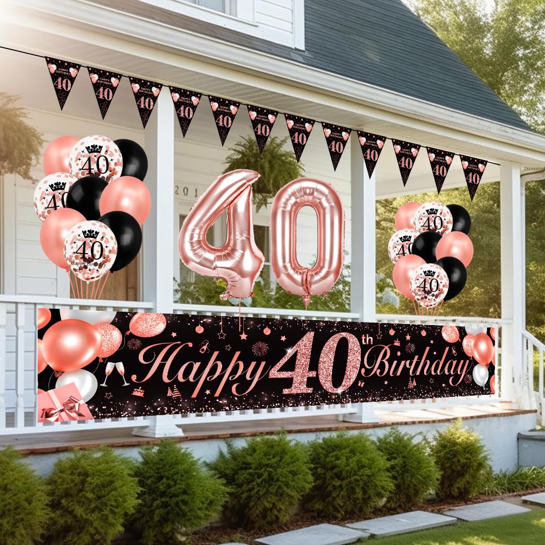 Bluelves 40 Geburtstag Frauen Deko, Luftballons 40. Geburtstag, Schwarz Roségold Extra Lange Happy Birthday Banner (210 x 40cm) + Girlande Wimpel + Schwarz Rosegold Konfetti Luftballons - Image 5