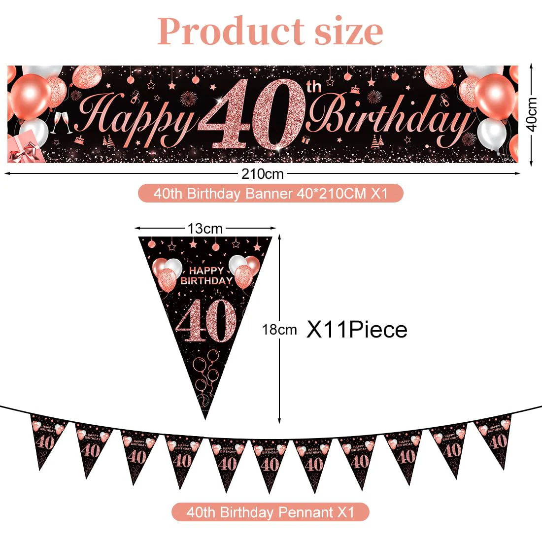 Bluelves 40 Geburtstag Frauen Deko, Luftballons 40. Geburtstag, Schwarz Roségold Extra Lange Happy Birthday Banner (210 x 40cm) + Girlande Wimpel + Schwarz Rosegold Konfetti Luftballons - Image 7