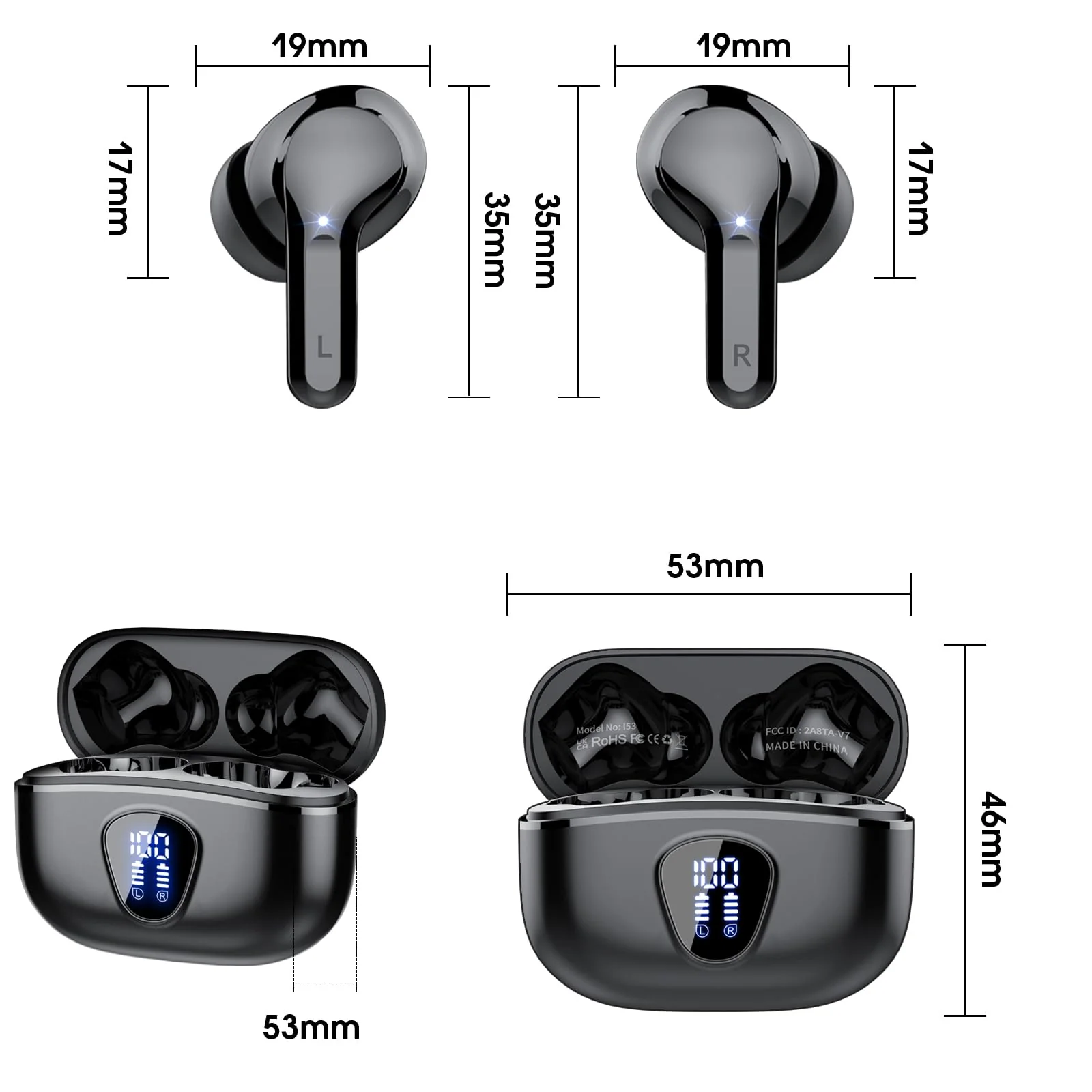 Bluetooth Kopfhörer, Kopfhörer Kabellos Bluetooth 5.3 In Ear, 4 ENC Noise Cancelling Mic Ohrhörer, HiFi Stereo Tiefbass, 40H Spielzeit, LED-Anzeige, IP7 Wasserdichte Earbuds, Touch Control, Schwarz - Image 2