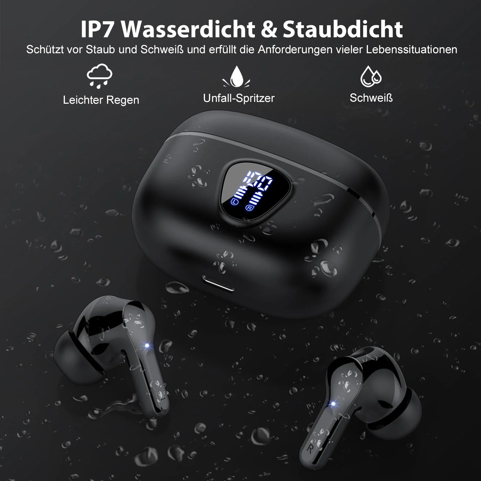 Bluetooth Kopfhörer, Kopfhörer Kabellos Bluetooth 5.3 In Ear, 4 ENC Noise Cancelling Mic Ohrhörer, HiFi Stereo Tiefbass, 40H Spielzeit, LED-Anzeige, IP7 Wasserdichte Earbuds, Touch Control, Schwarz - Image 3